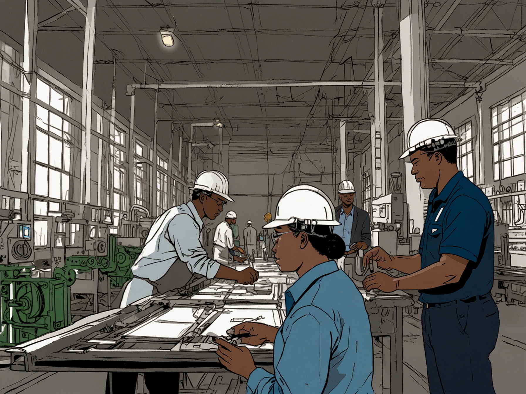An image depicting workers at a manufacturing facility engaged in training programs, illustrating ongoing business investments in workforce development to promote sector resilience and growth.