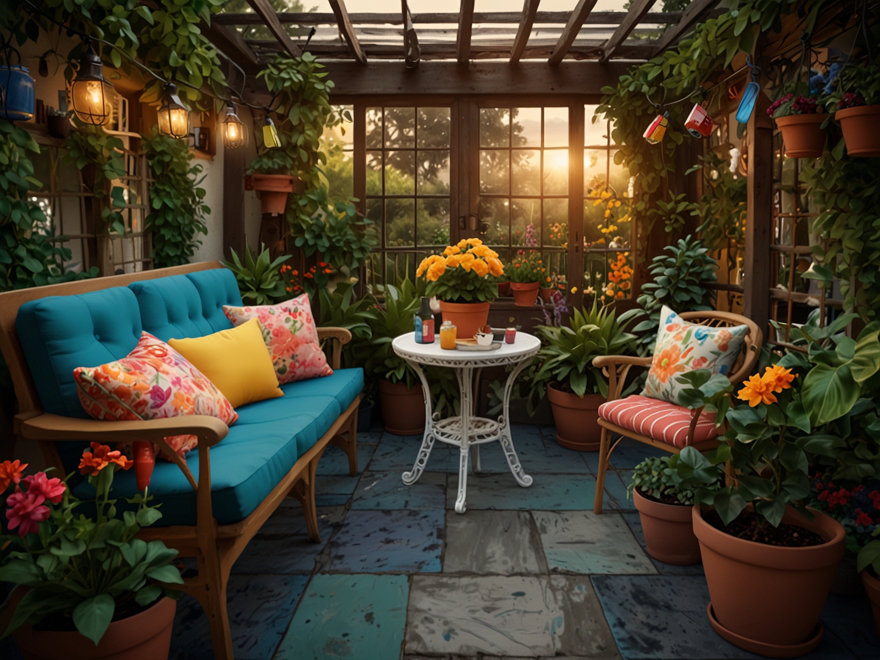 An artist’s vibrant bohemian garden featuring vintage furniture, colorful cushions, potted plants in mismatched pots, flowering vines on trellises, and fairy lights creating an enchanting ambiance.