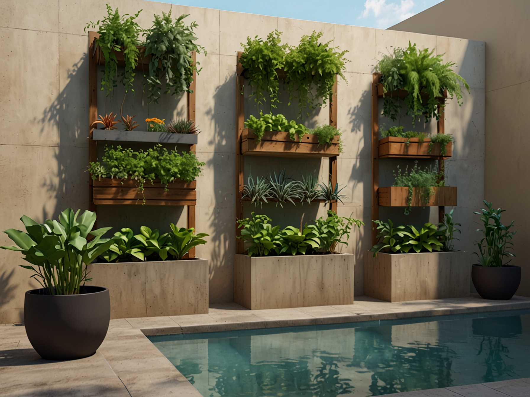An urban garden with vertical wall-mounted planters for herbs and vegetables, a small water feature doubling as a bird bath, showcasing functional beauty with lush greenery and practical design.