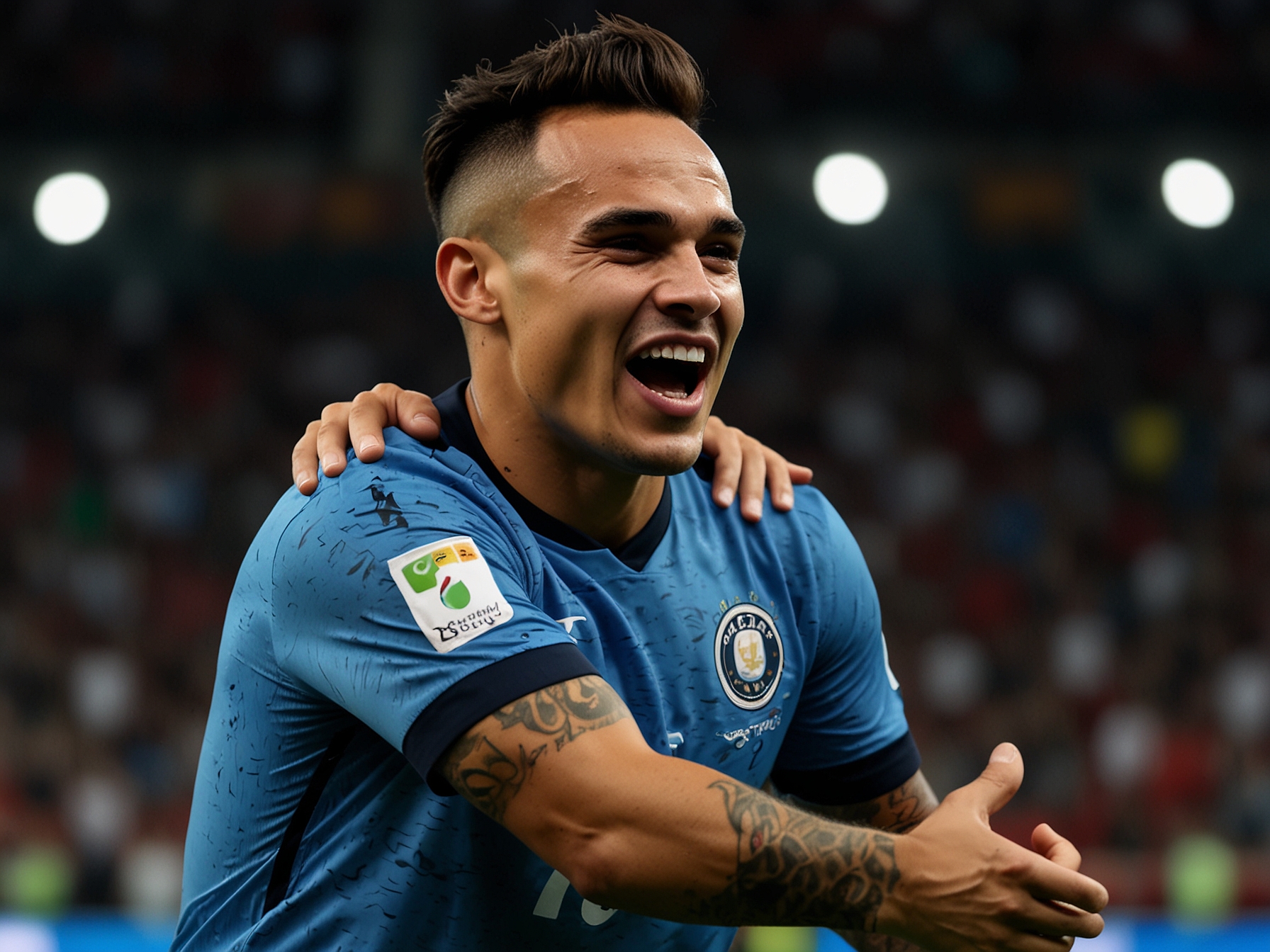 Lautaro Martinez celebrates scoring a goal against Peru, showcasing his technical finesse and emotional reaction by hugging his captain, highlighting his resurgence on the international stage.