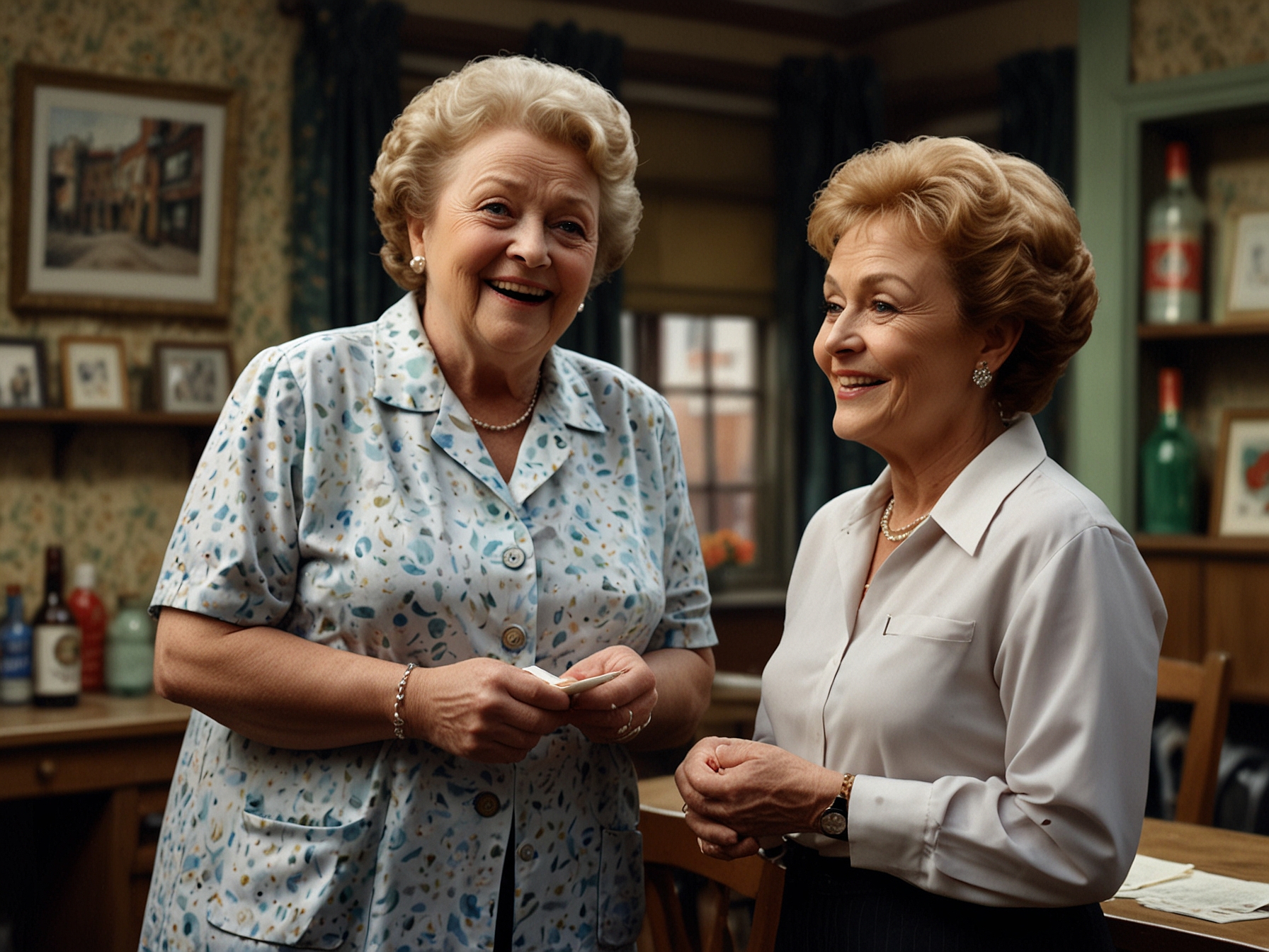 Thelma Barlow as Mavis Wilton on the set of Coronation Street, sharing a scene with Rita Sullivan. The two characters' chemistry was a highlight for fans of the long-running soap opera.