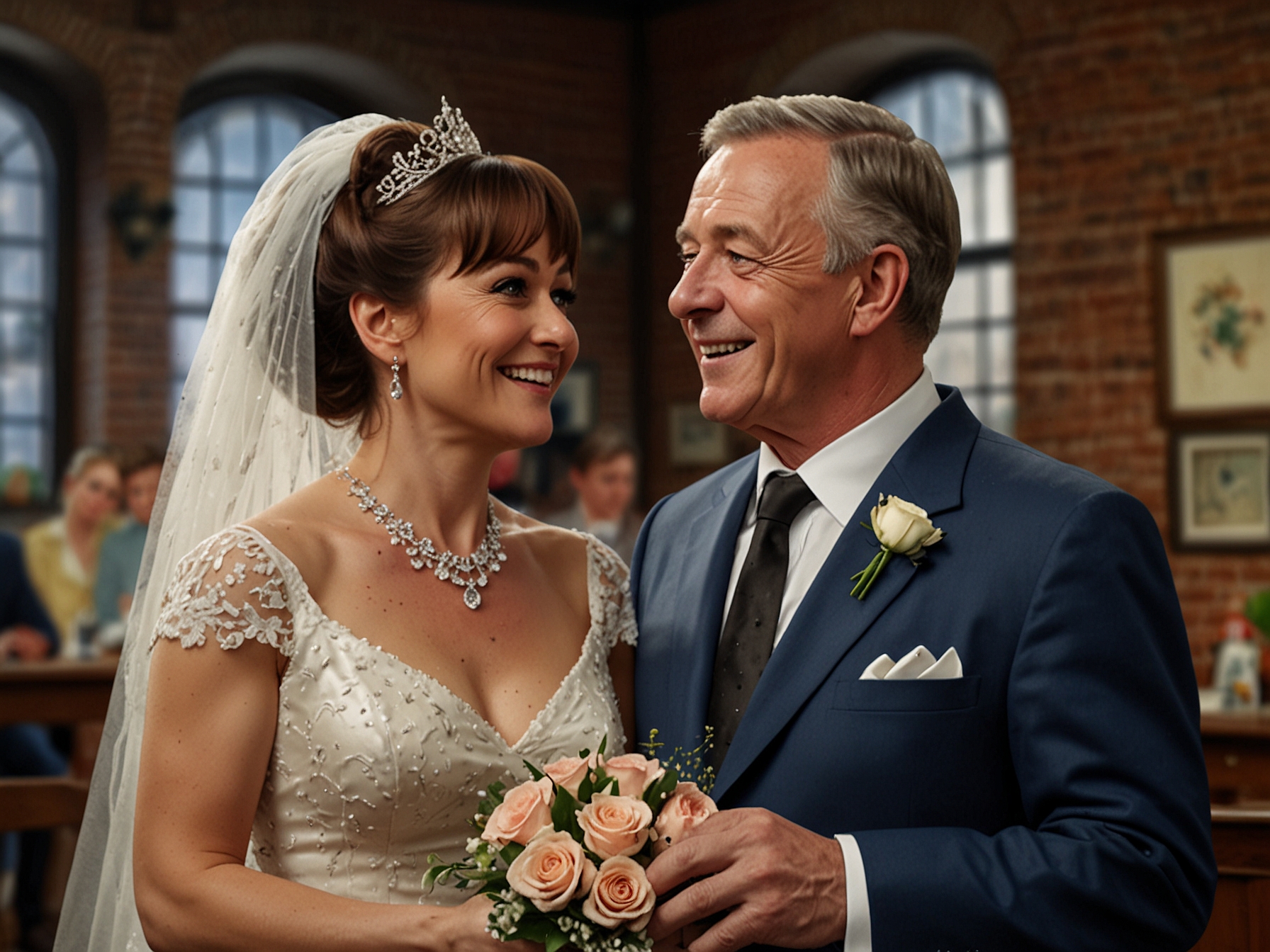 Mavis Wilton and Derek Wilton in a memorable wedding scene from Coronation Street, capturing a significant storyline that resonated deeply with the audience.