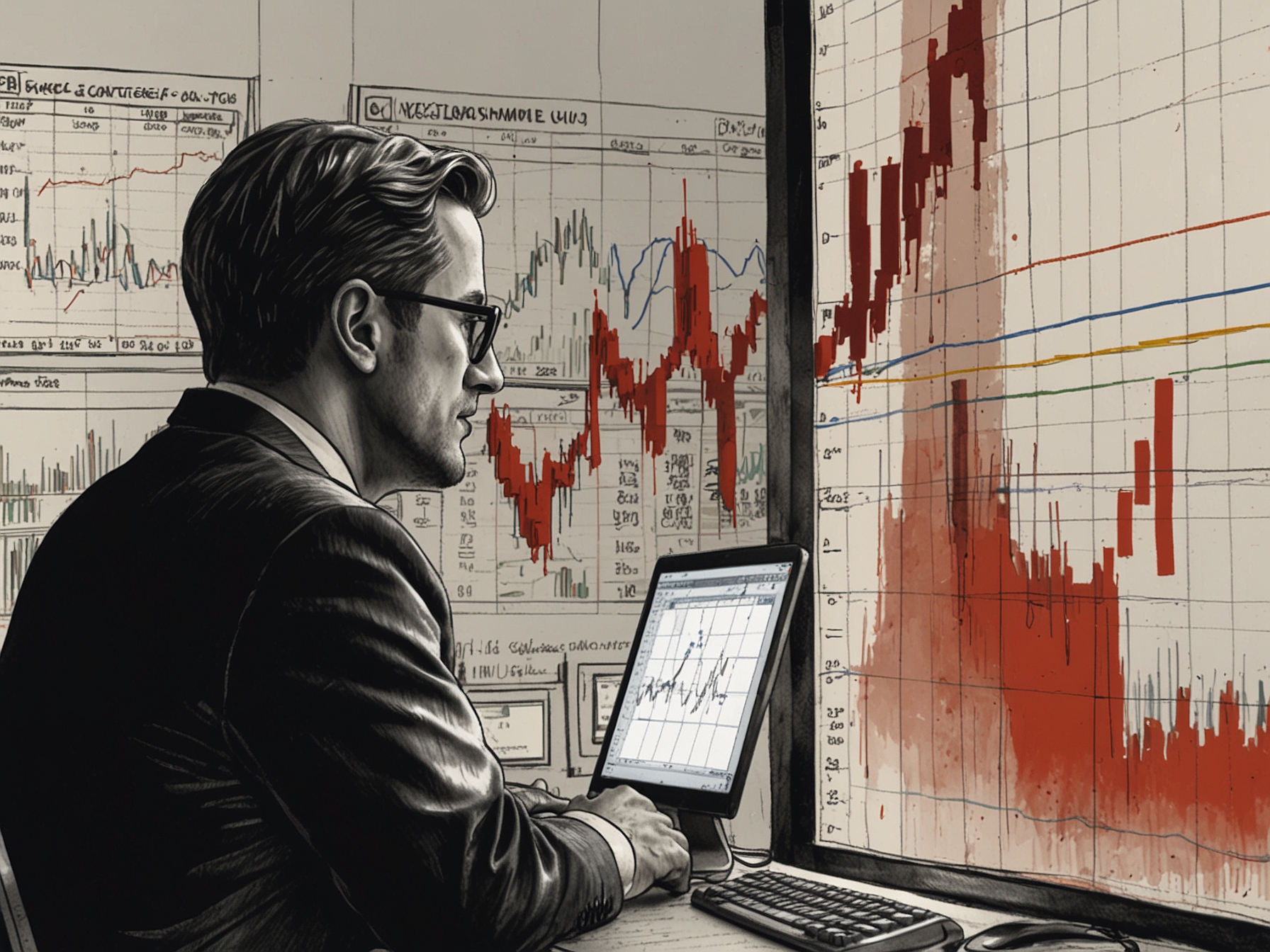 Deep-pocketed investors' bearish stance on ServiceNow depicted through trading screens and financial figures, reflecting market speculations and potential volatility.