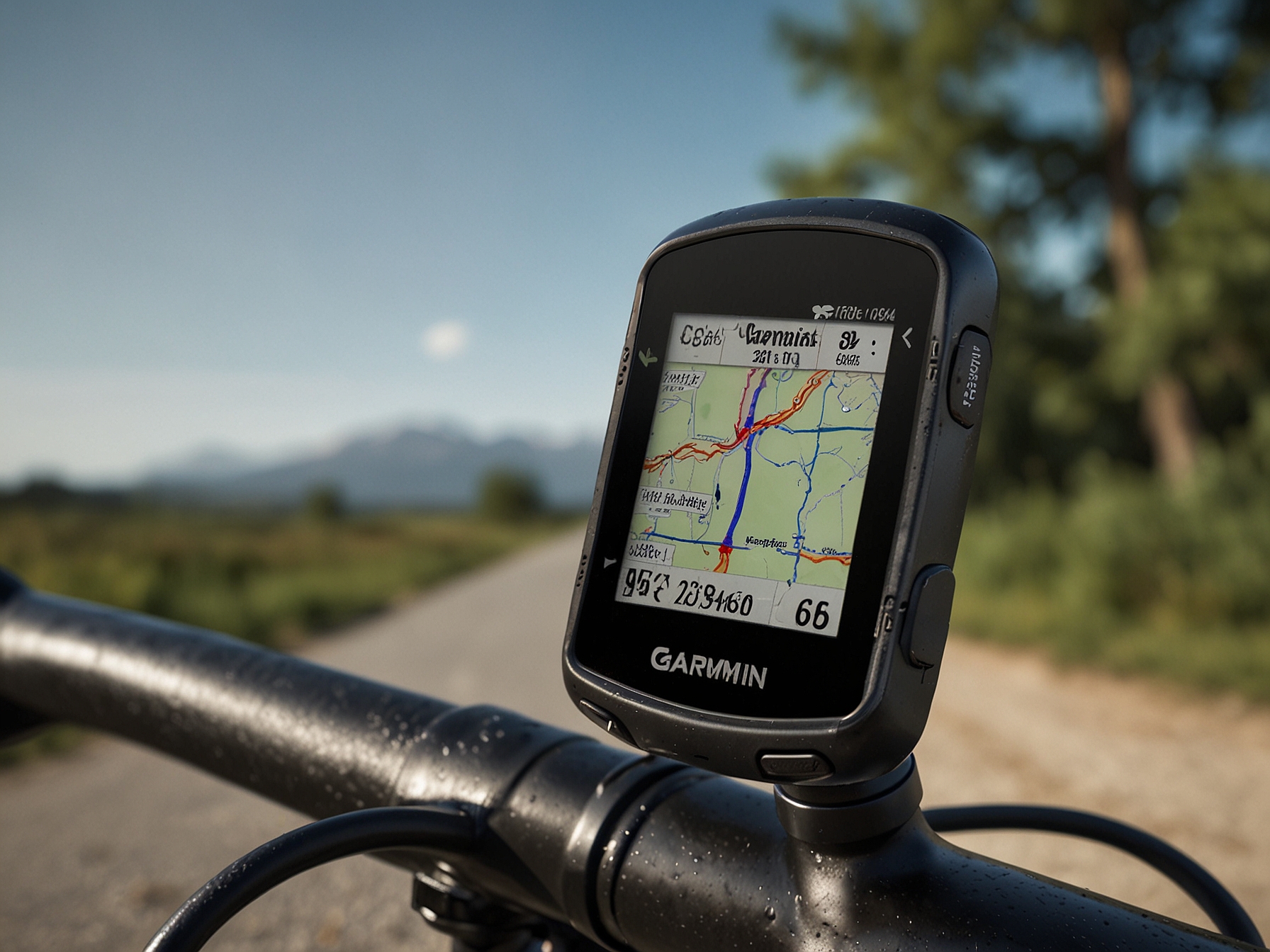 An illustration showing the Garmin Edge 1050 mounted on a bicycle handlebar, displaying a high-resolution touch screen with active performance metrics and navigation features.