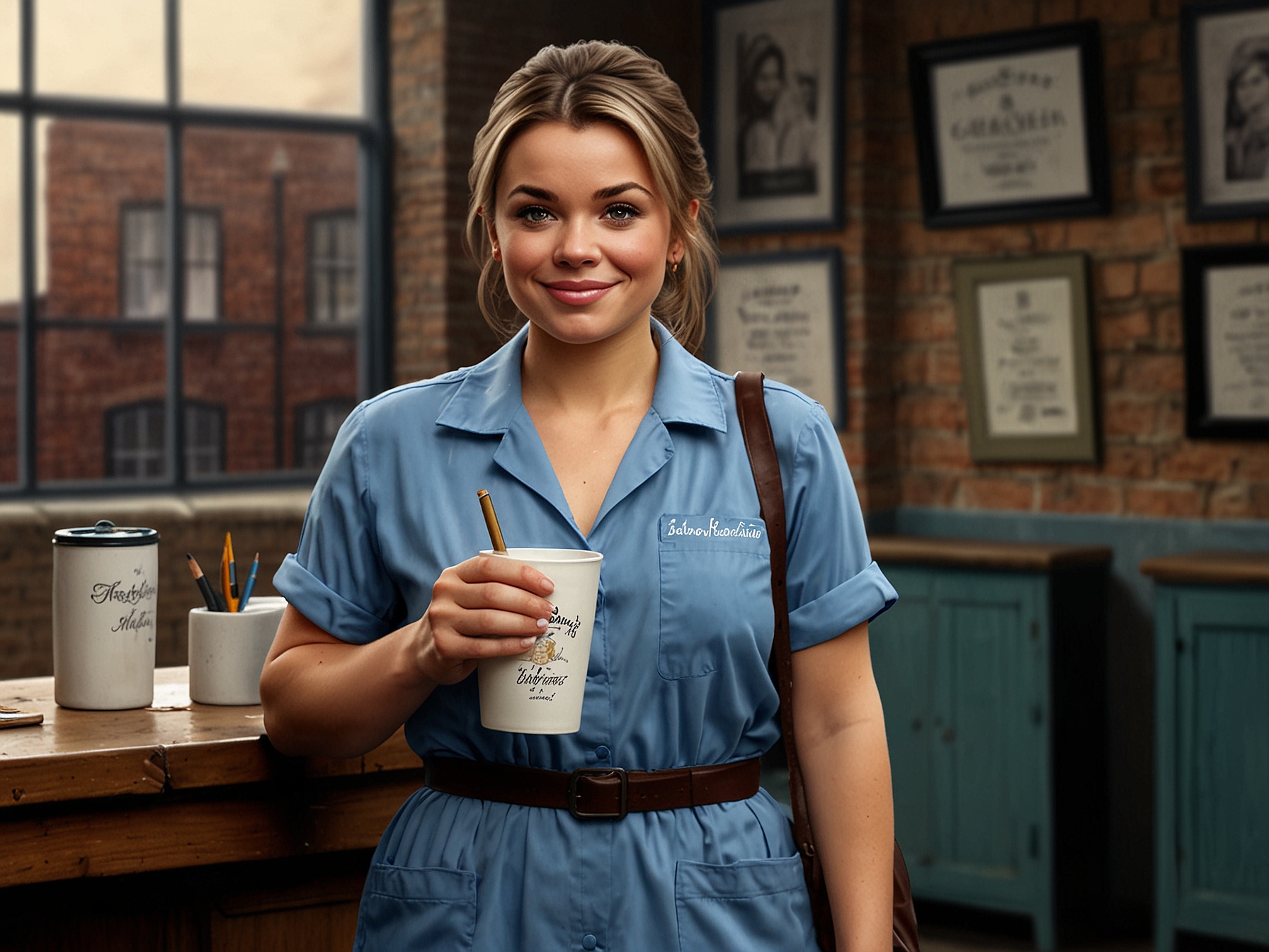 Sydney Martin on the set of Coronation Street, dressed in character as Betsy Swain, showcasing her acting skills and dedication to her new role in the beloved soap opera.