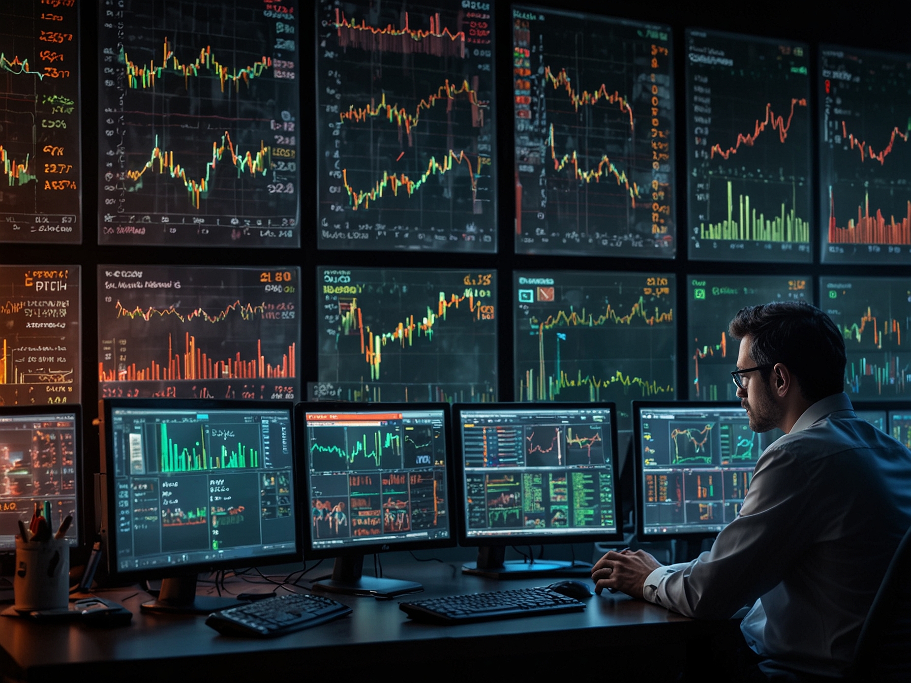 An investor closely monitoring stock trading data on multiple screens, highlighting the vigilant approach retail traders should take by following 'smart money' movements in the market.
