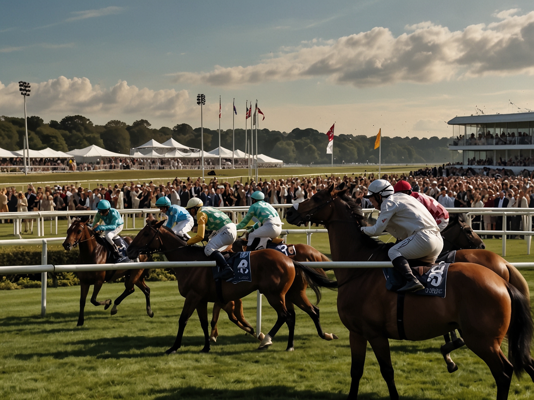 An image depicting a thrilling horse race at the Qatar Goodwood Festival with spectators in stylish attire cheering from the sidelines against the stunning Sussex Downs.
