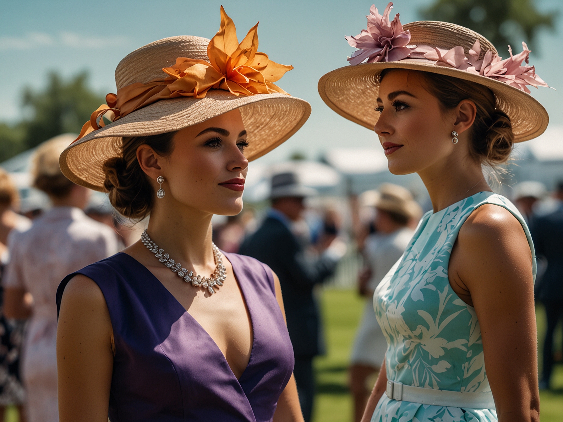 Guests flaunting elegant fashions during Ladies' Day at the Qatar Goodwood Festival, showcasing a variety of exquisite outfits and hats in a vibrant, social atmosphere.