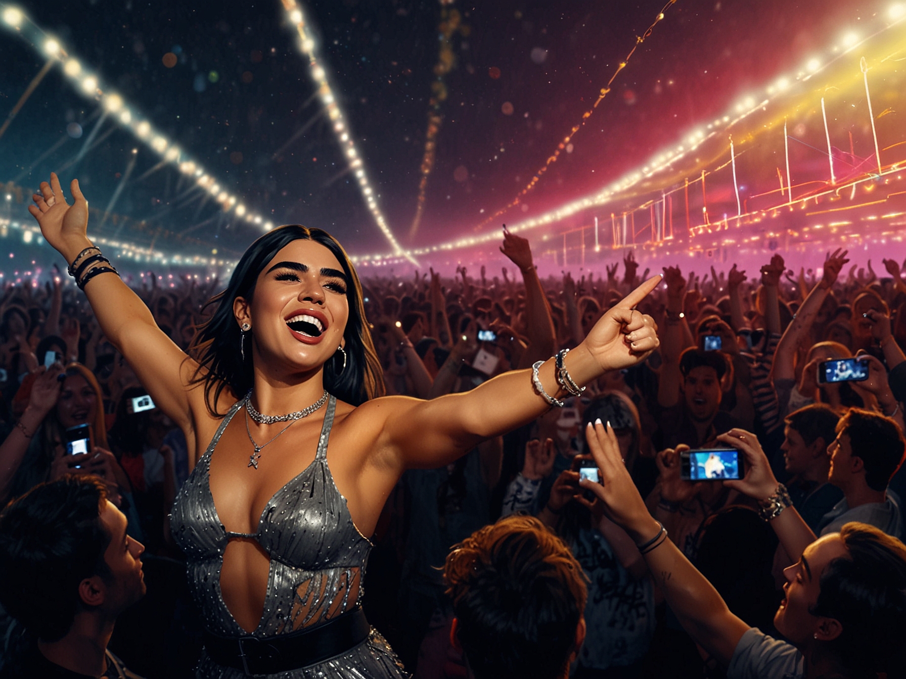 Dua Lipa electrifies the Glastonbury stage with her high-energy performance, captivating the audience with hits from 'Future Nostalgia' and 'Dua Lipa.' The crowd is alive with excitement.