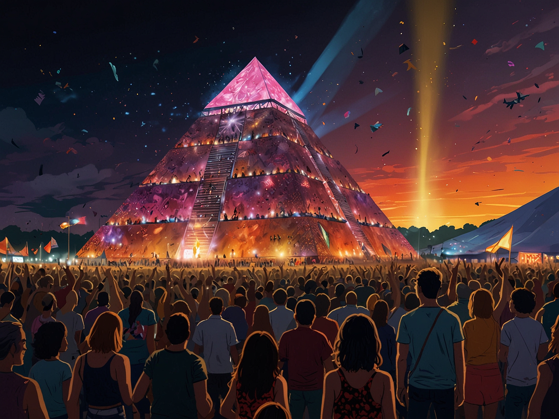 The vast, colorful crowd at Glastonbury Festival 2023 enjoys the vibrant ambiance. The iconic Pyramid Stage serves as the backdrop for unforgettable performances, including Dua Lipa's headline set.
