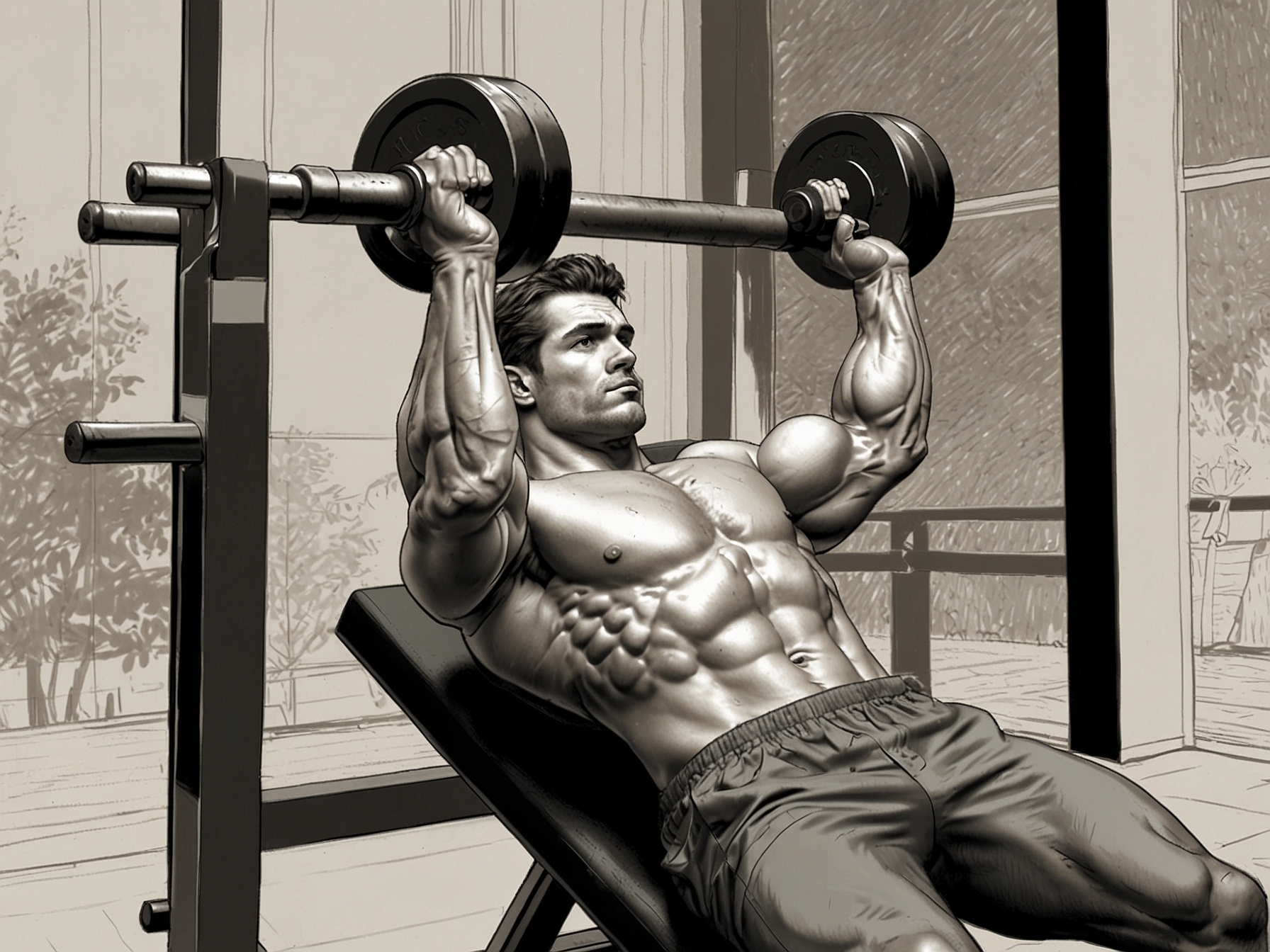 An individual demonstrating a dumbbell chest press on a flat bench, highlighting the proper technique to work the pectorals, triceps, and deltoids effectively.
