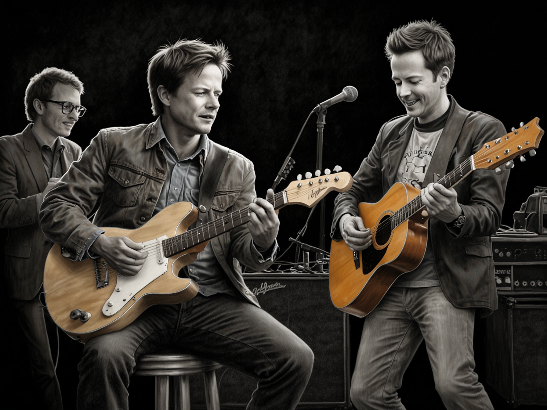 Michael J. Fox enthusiastically playing guitar alongside Coldplay during their rendition of 'Johnny B. Goode,' evoking memories of 'Back to the Future' and thrilling the audience.