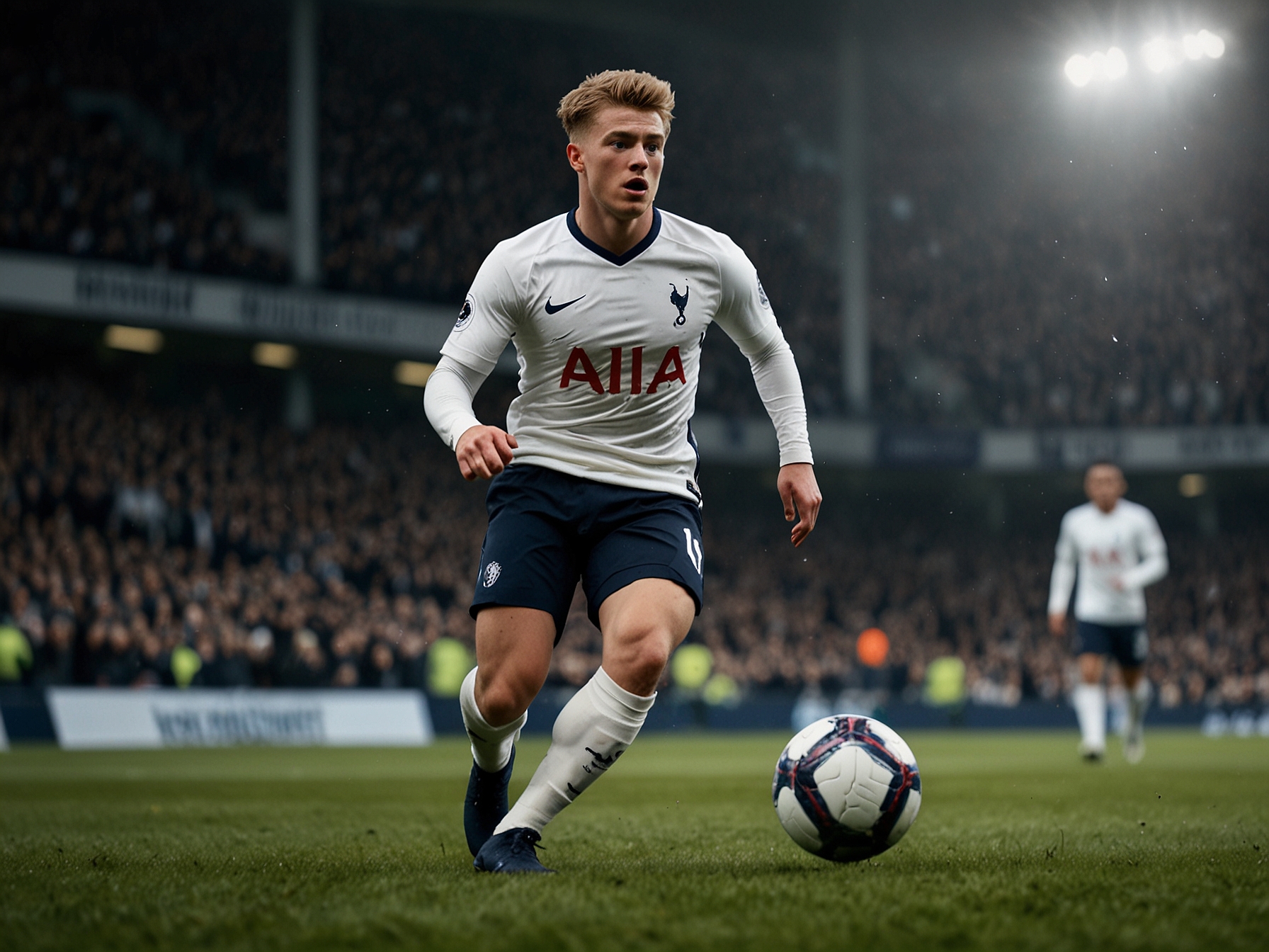 A dynamic action shot of Archie Gray showcasing his impressive technical skills and vision on the field, representing his potential to transform Tottenham's midfield setup.