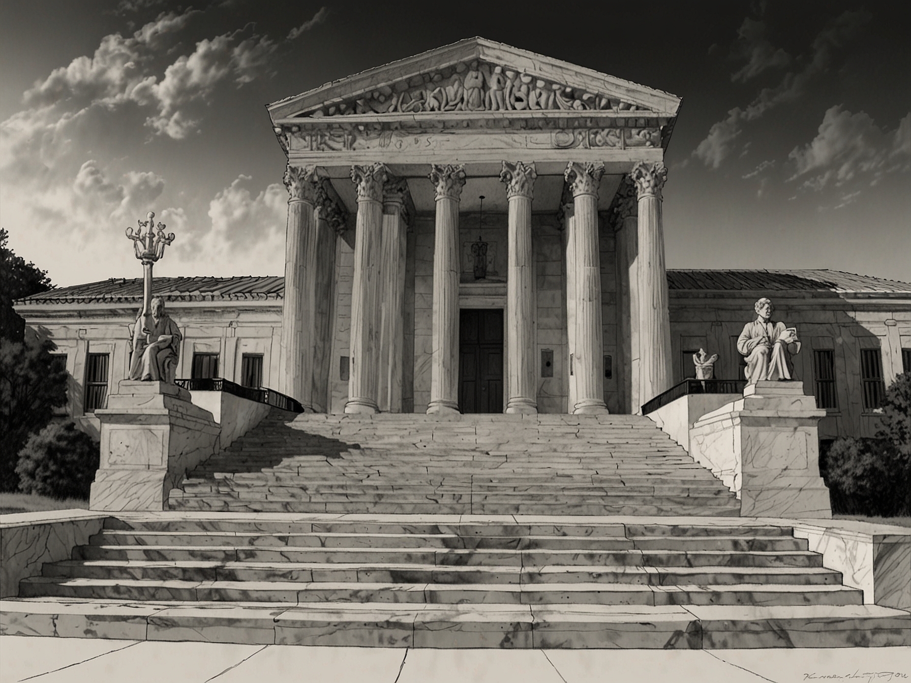 An illustration of the Supreme Court building, emphasizing the gravity of its recent ruling which has significant implications for President Biden's gun reform efforts.