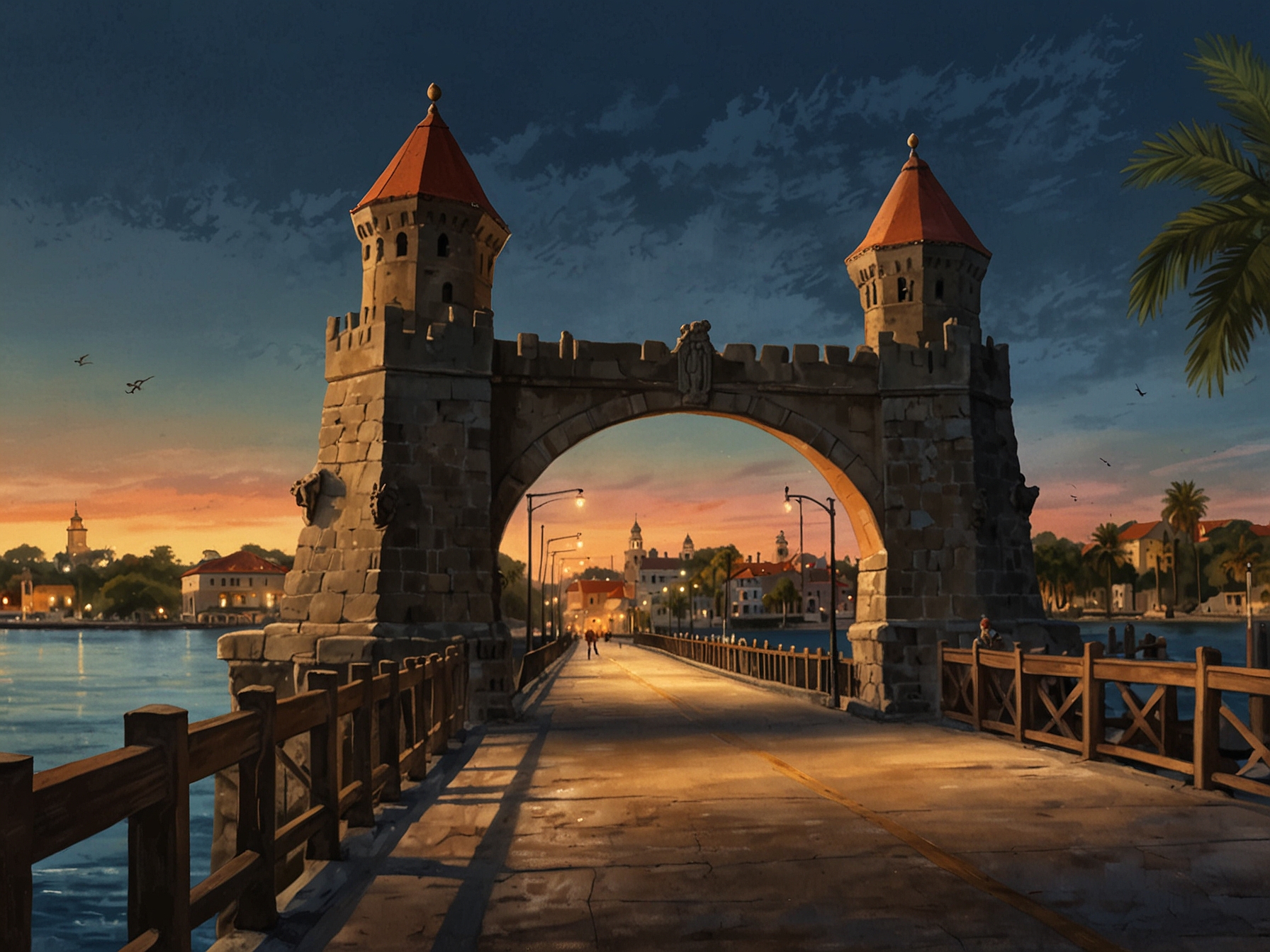 The Bridge of Lions, a mile-long drawbridge in St. Augustine, adorned with Medici lions statues. Walking across offers stunning panoramic views of the city’s skyline and harbor, especially at sunset.