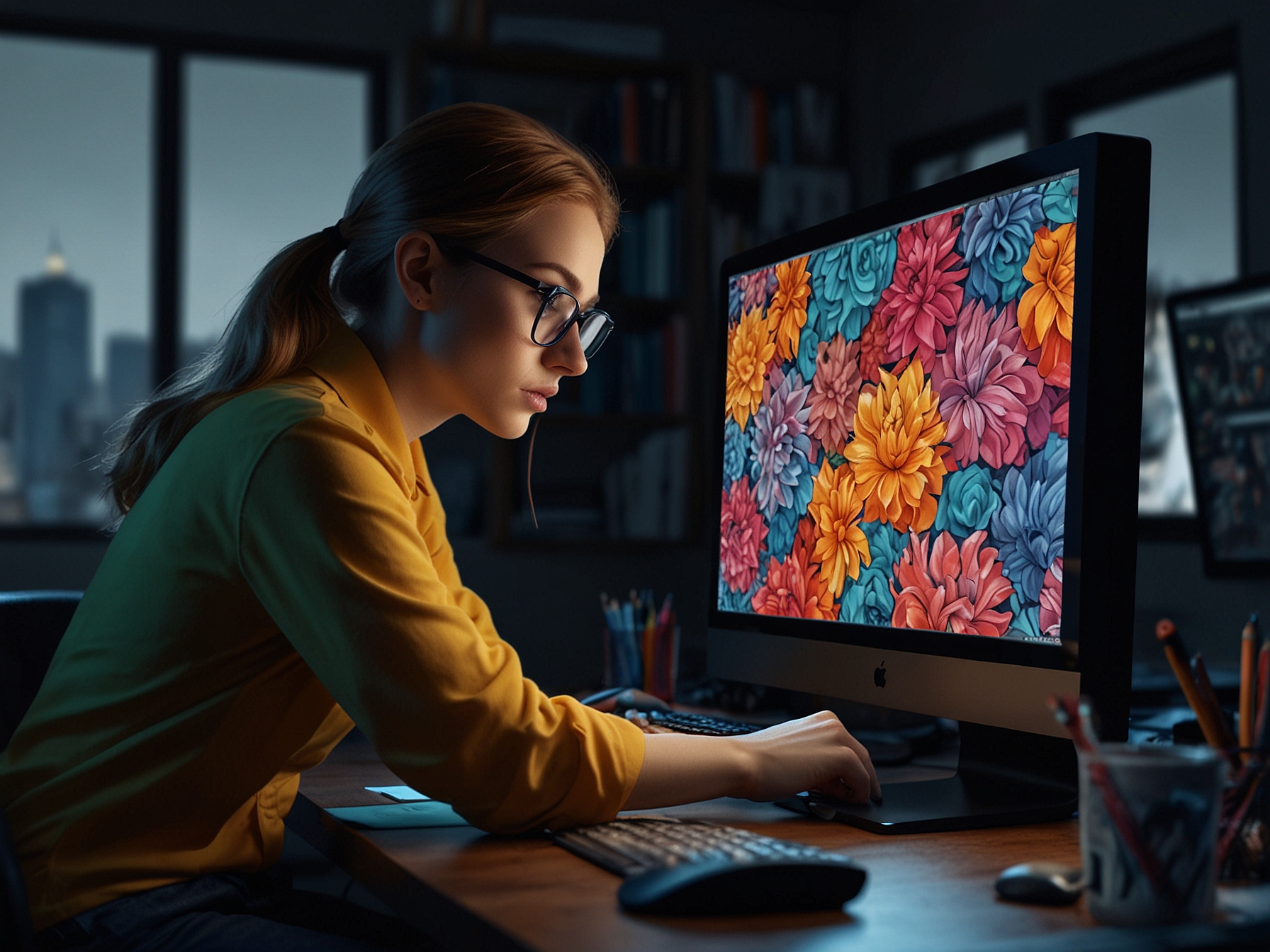 A graphic designer working on a detailed digital artwork on a 4K monitor with accurate colors and ultrawide screen, illustrating the professional advantages of advanced monitor features.