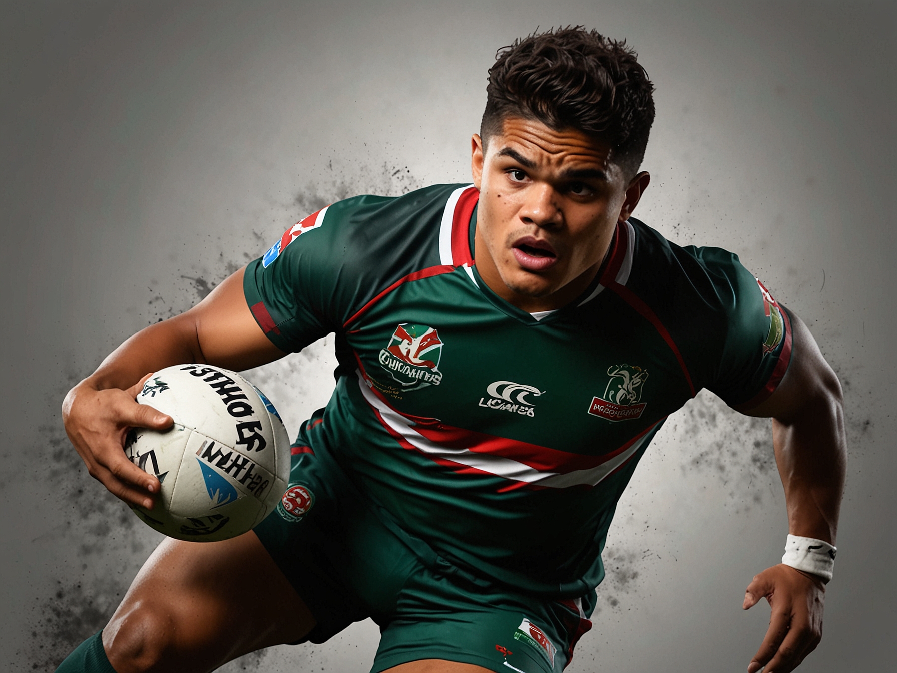 Latrell Mitchell in action as a fullback for South Sydney Rabbitohs, showcasing his agility and game-reading capabilities while orchestrating plays and creating scoring opportunities.