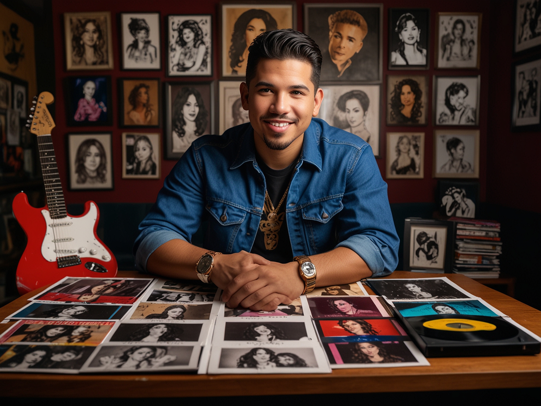 Andrew Longoria poses with some of his most prized Selena Quintanilla memorabilia, including rare stage costumes and vinyl records that highlight her iconic career and cultural impact.