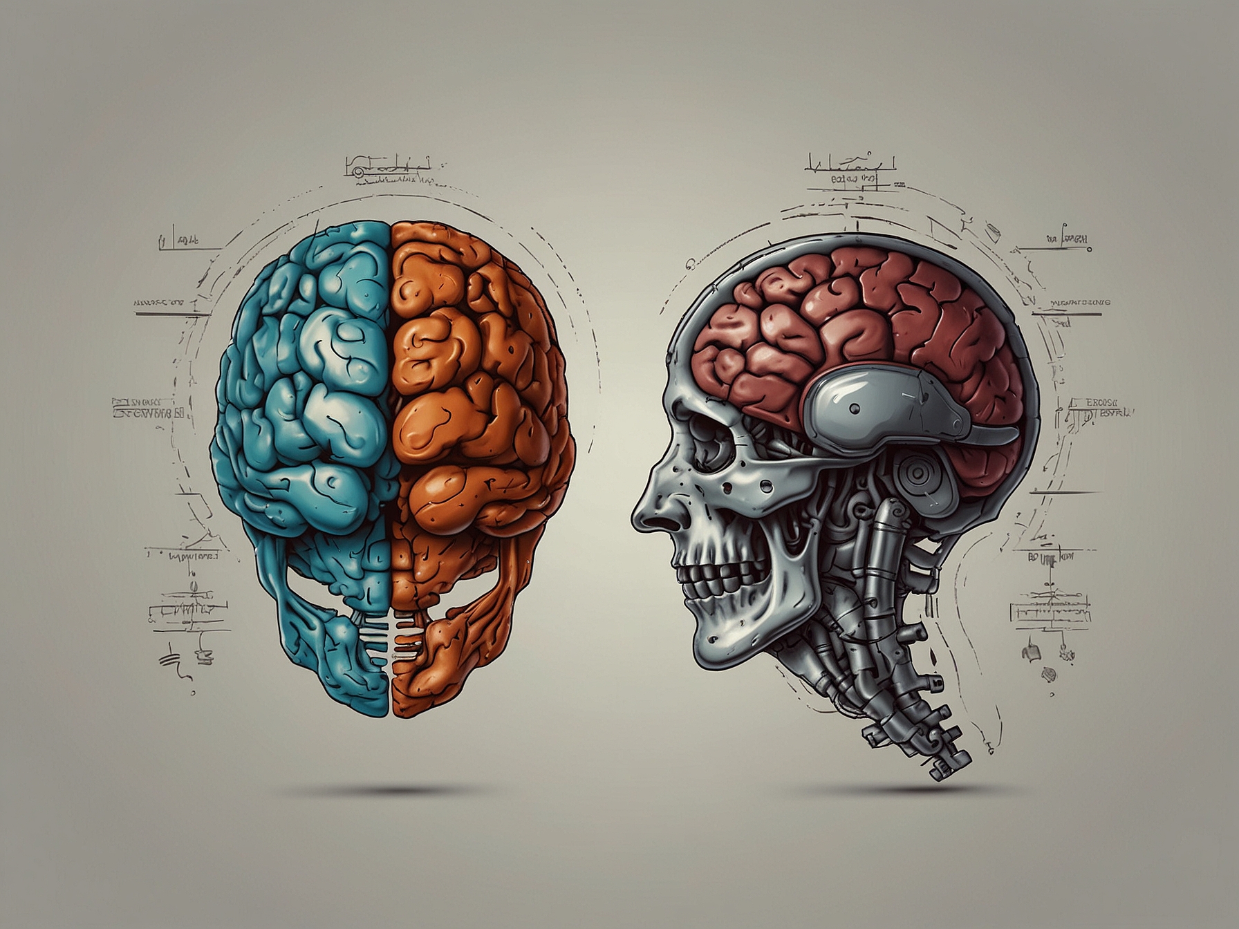 An illustration showing a human brain and a robotic brain side by side, symbolizing the comparison between human analytical skills and AI capabilities.
