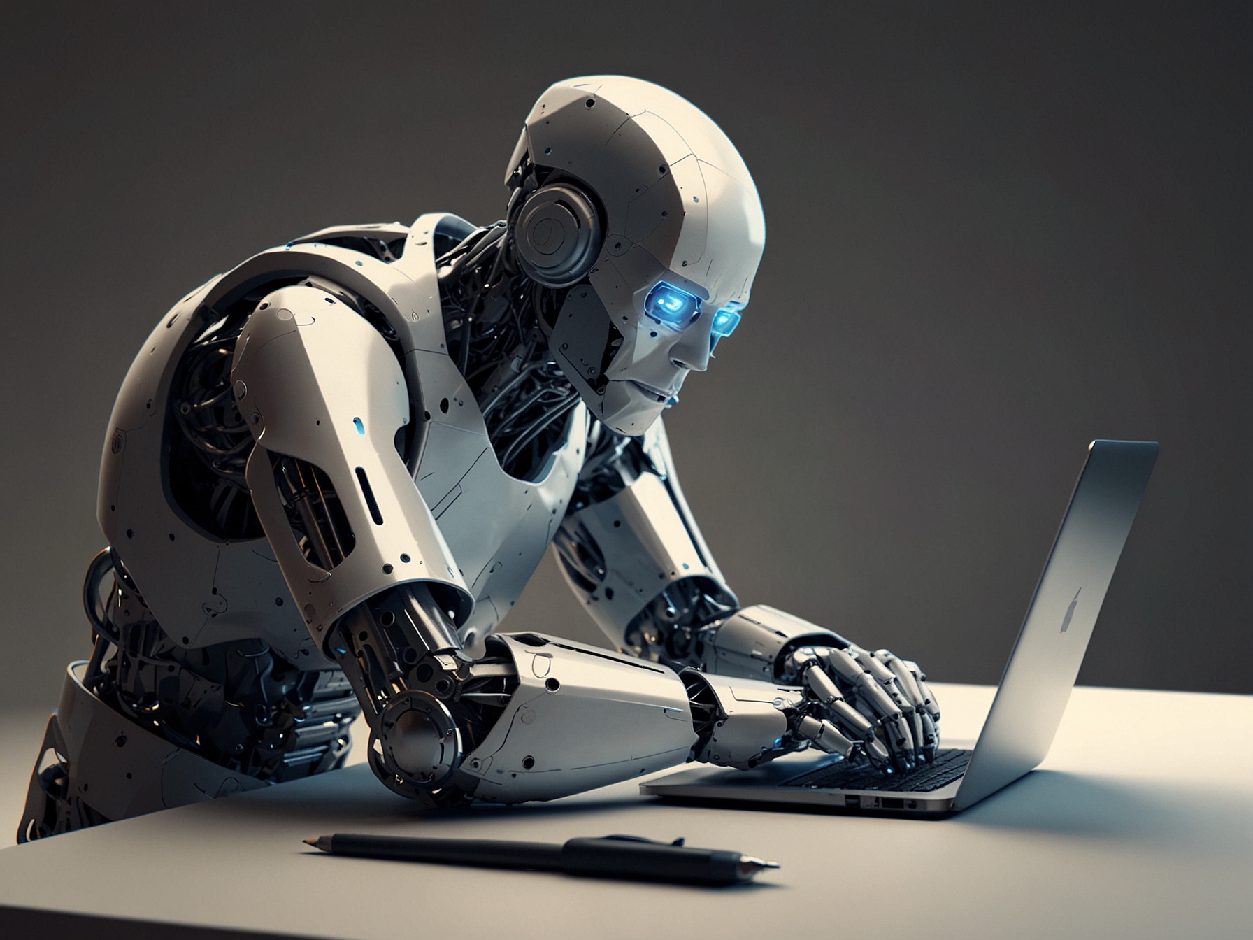 A person working on a laptop with a thoughtful expression, juxtaposed with a robot generating content on a similar setup, highlighting the differences in creativity and depth.