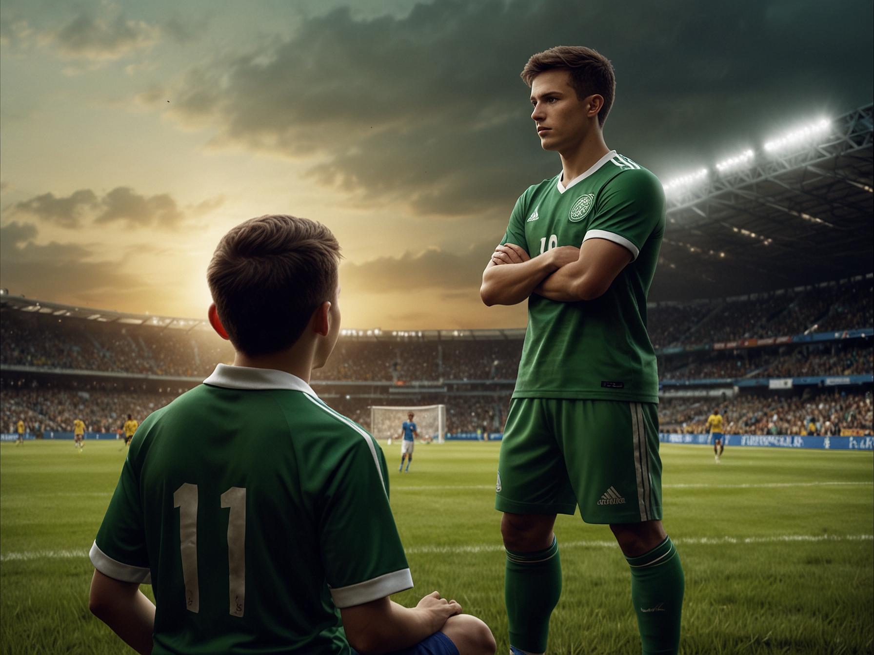 An illustration of a Celtic scout observing a promising young Copa America player on the field, symbolizing the club's keen interest in emerging talent.