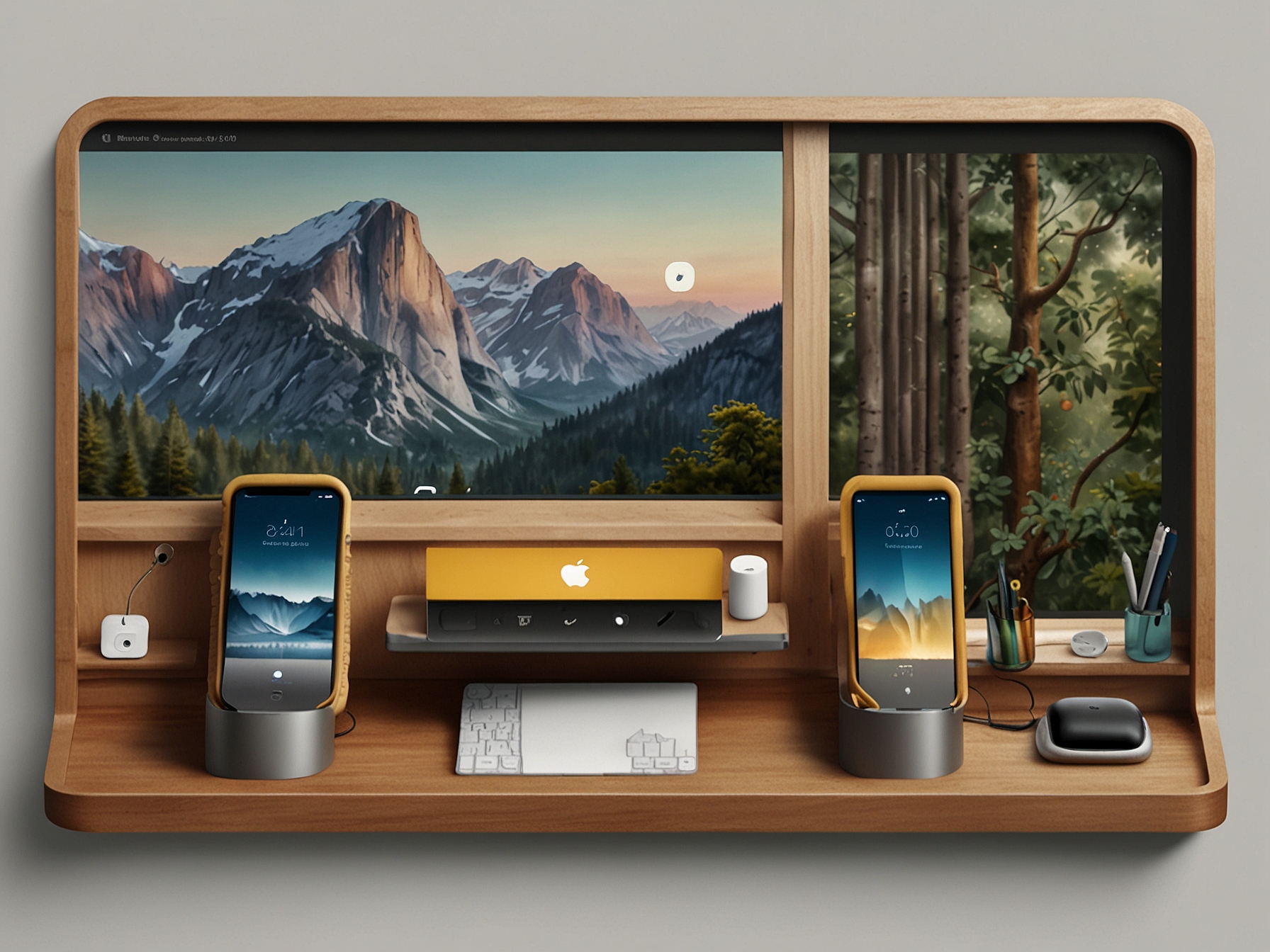 Depiction of Apple's ecosystem, including macOS 16, watchOS 12, and visionOS 3, highlighting the interconnected devices and seamless cross-platform functionality anticipated in the recent updates.