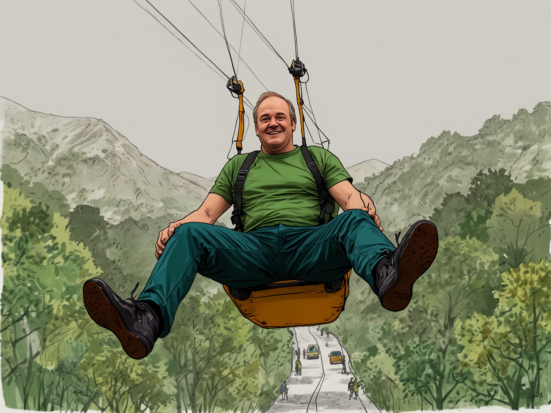 Sir Ed Davey zip-lining into a green energy rally, symbolizing the Liberal Democrats' commitment to achieving net-zero carbon emissions by 2045.