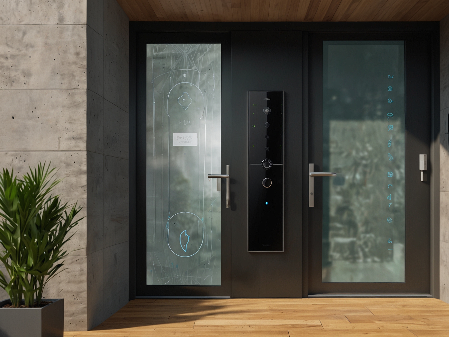 A sleek front door equipped with the Philips Home Access 5000 Series Palm Recognition Smart Lock, showing its modern design and seamless integration with home aesthetics.