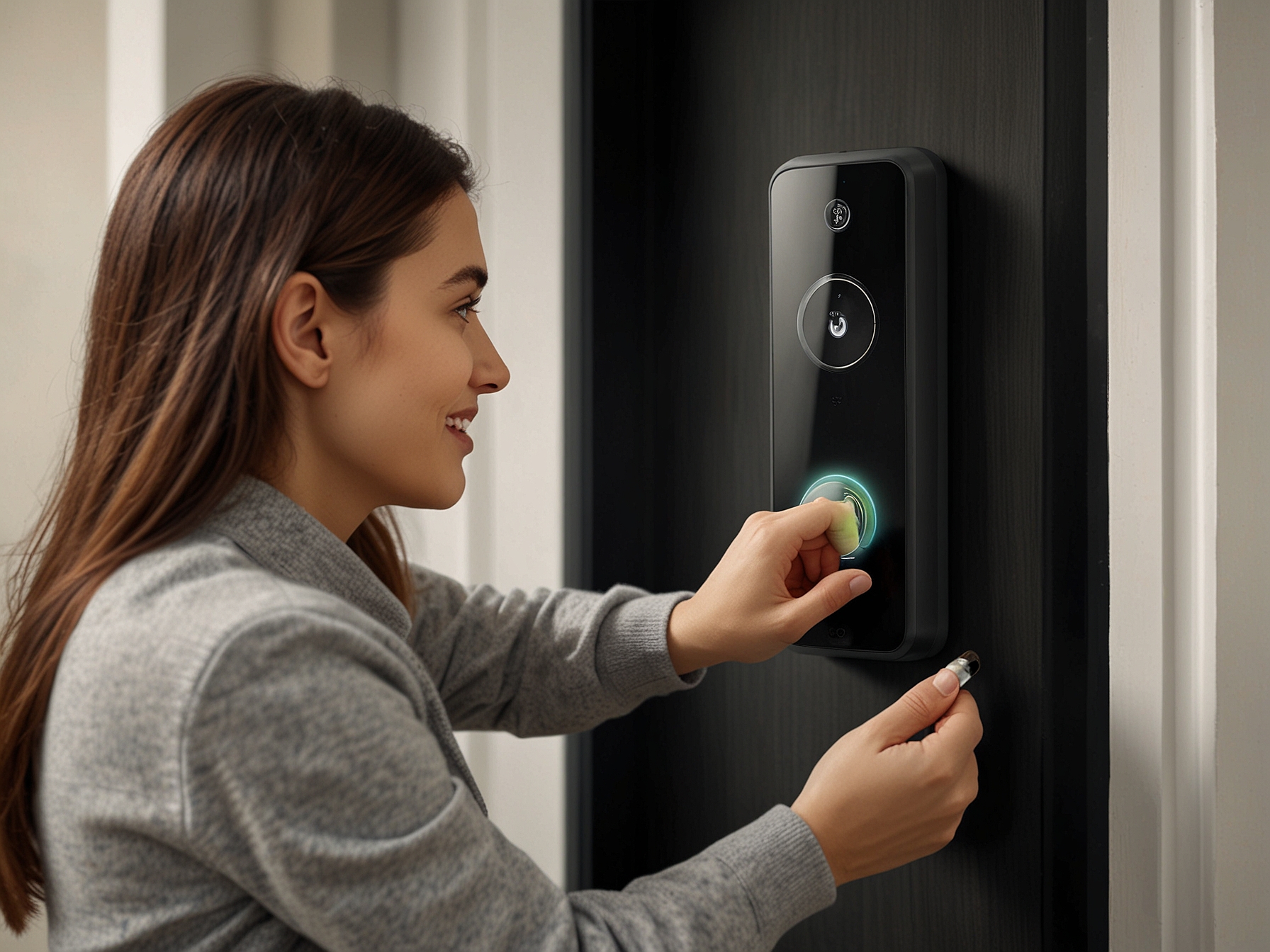 A homeowner uses the palm recognition feature of the Philips Home Access 5000 Series Smart Lock, demonstrating the device's advanced biometric sensors and quick response time.