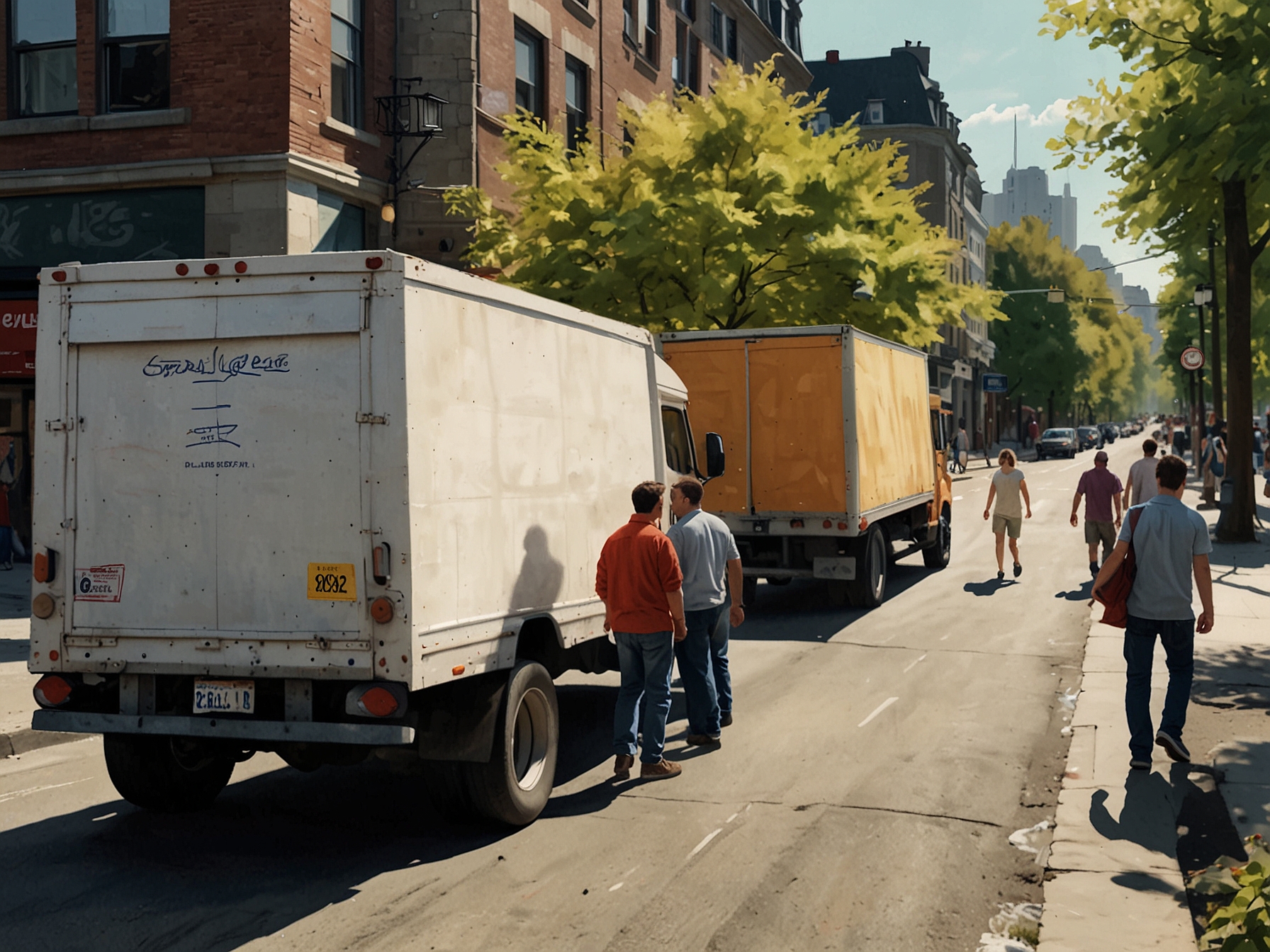 Streets full of moving trucks and people carrying furniture, representing the traditional bustle of Quebec's Moving Day. The image reflects the hustle of residents shifting homes.