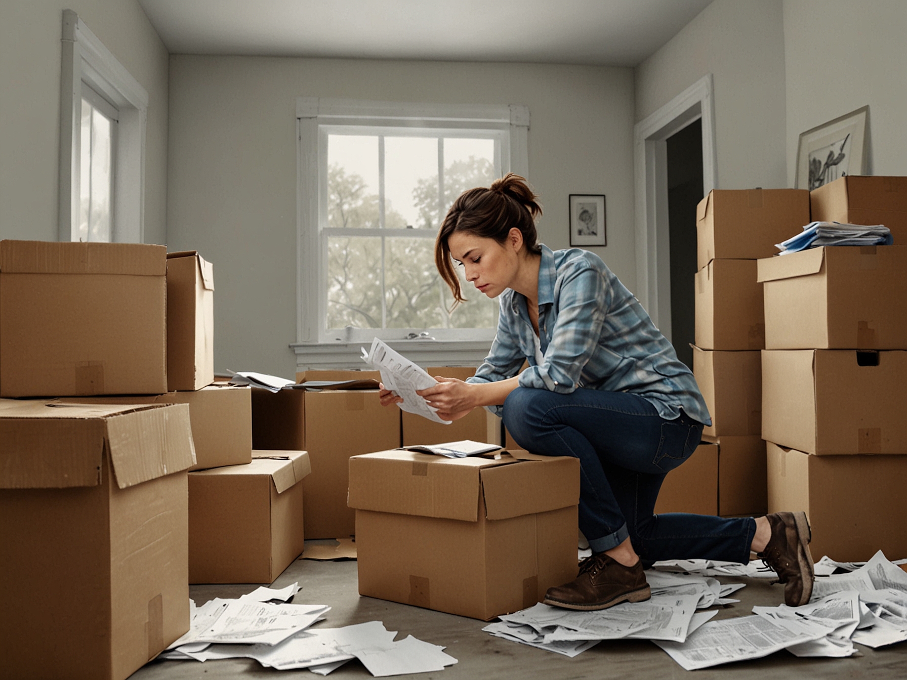 Frustrated renters, like Julie Beaulieu, filling out rental applications surrounded by moving boxes. This image captures the challenges and uncertainties faced by many looking for housing.