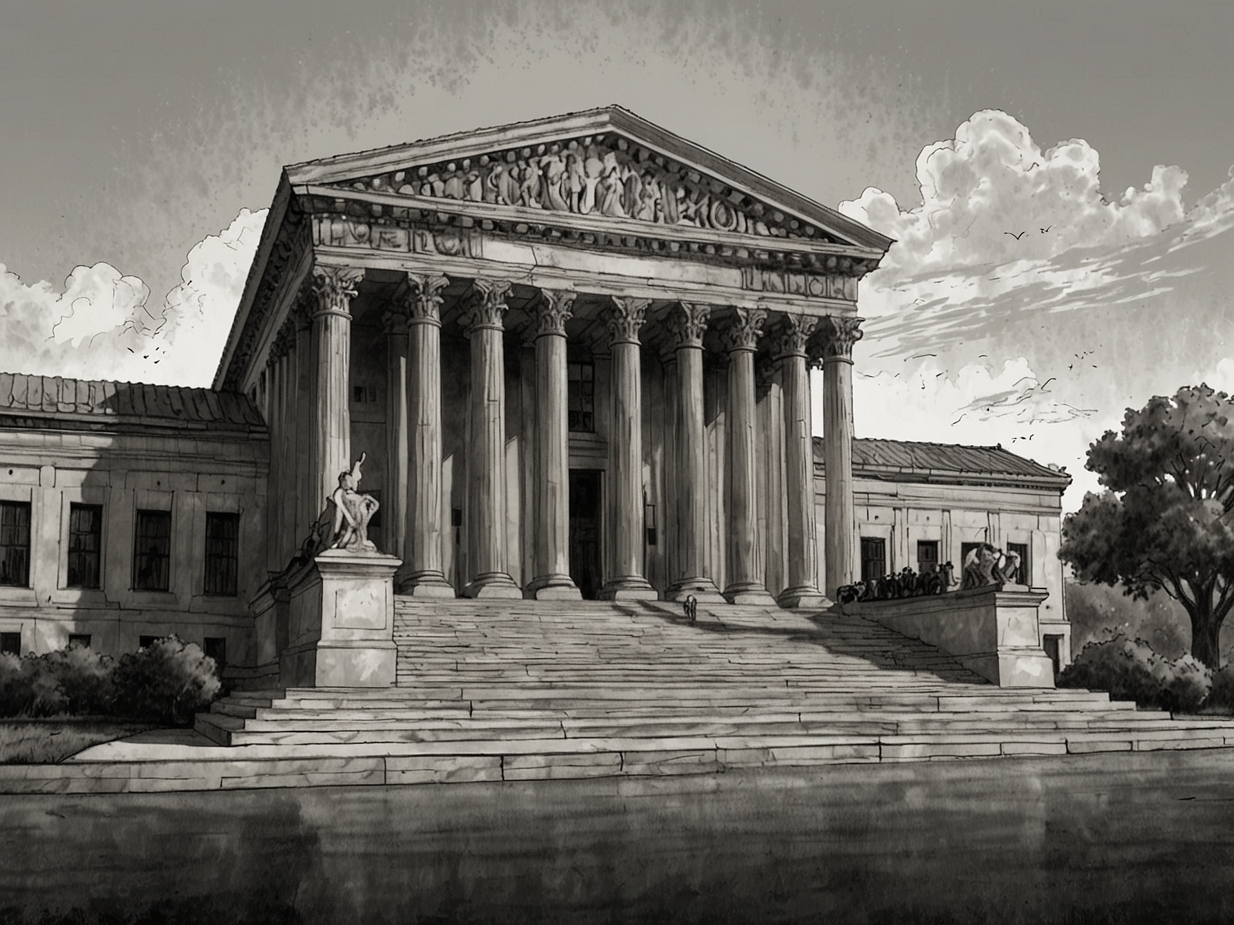 An illustration of the Supreme Court building with symbolic scales of justice, highlighting the complex legal battle over presidential immunity and the divided nature of the decision.