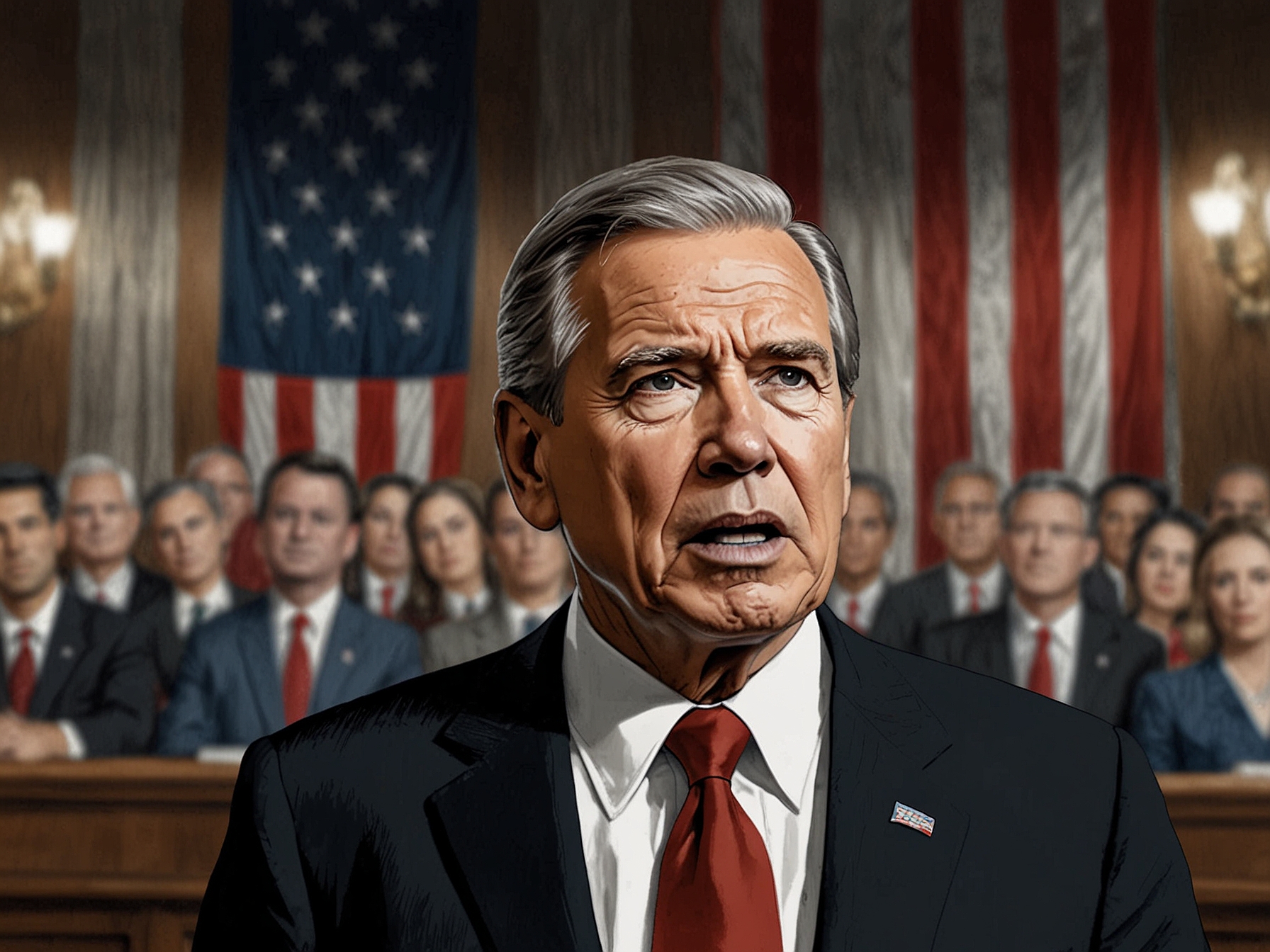 A depiction of the former president addressing supporters, symbolizing the political ramifications of the Supreme Court's ruling, which has energized his base and intensified national polarization.