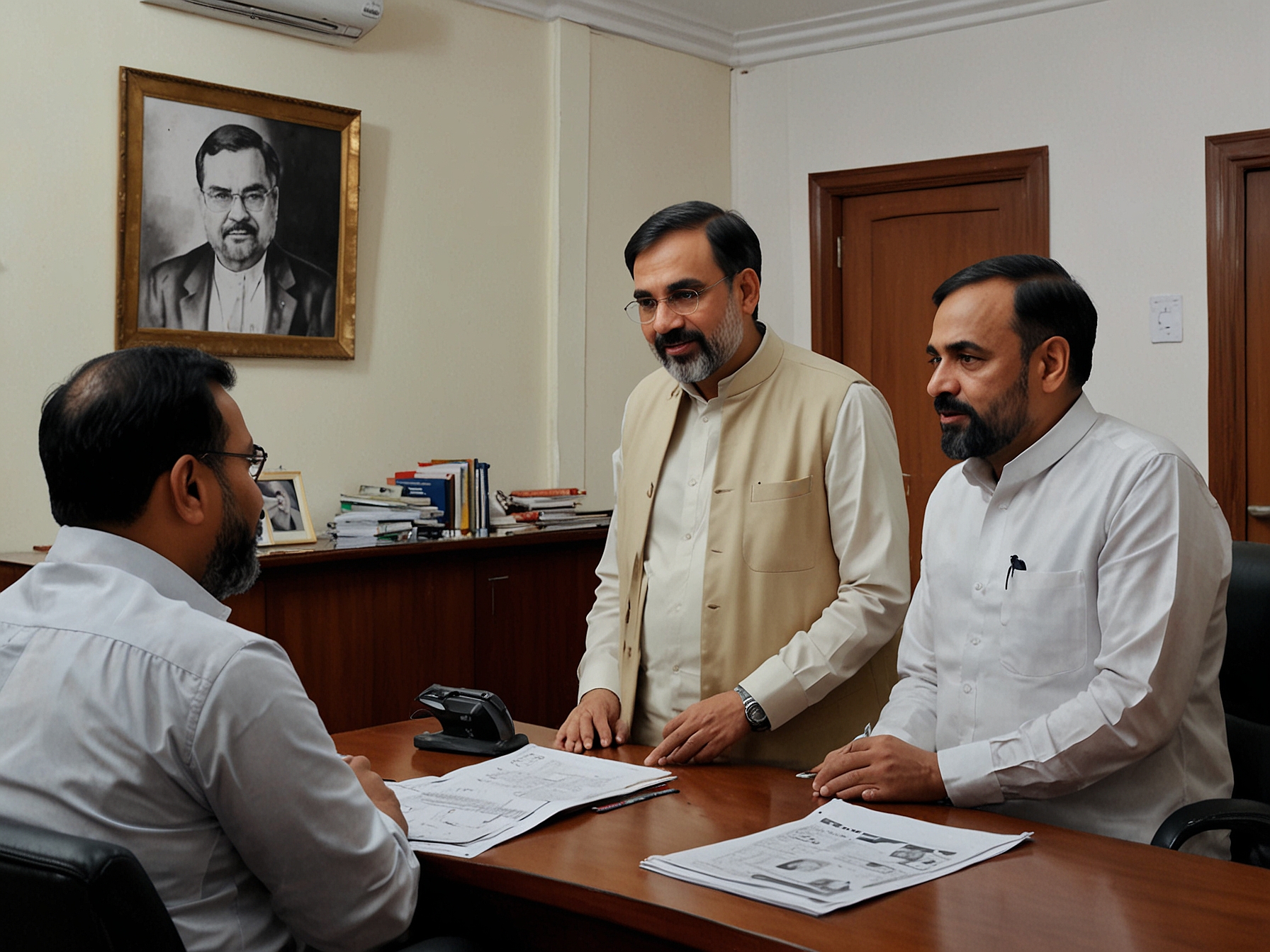 Delhi's environment minister, Gopal Rai, in a meeting with representatives from the Delhi Petrol Dealers Association, discussing the PUCC fee and assuring them of solutions.