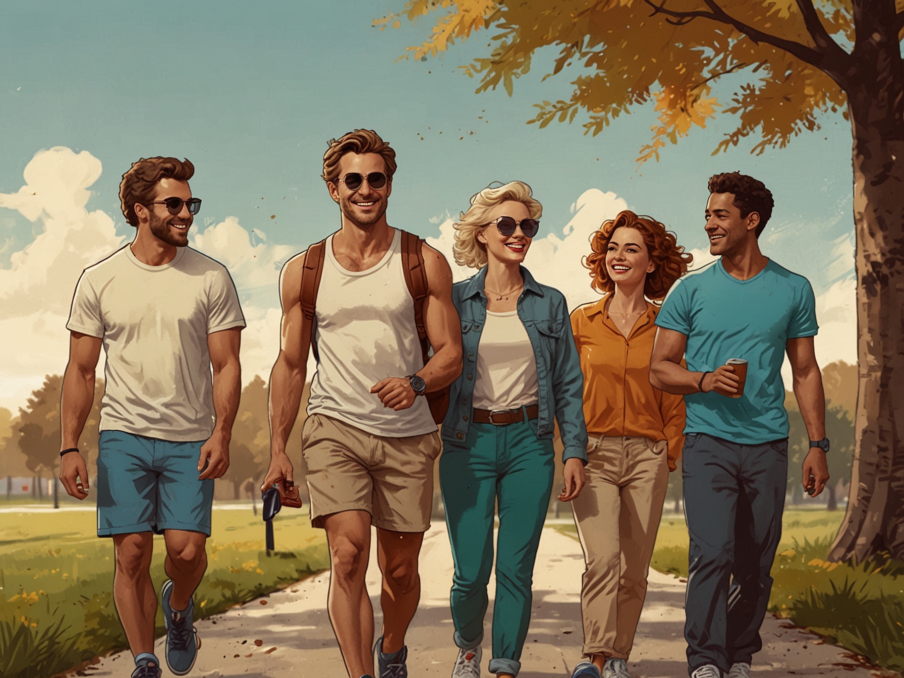 A group of friends engaging in retro walking together on a sunny day. The social activity underscores the motivational and enjoyable aspects of incorporating retro walking into a fitness routine.