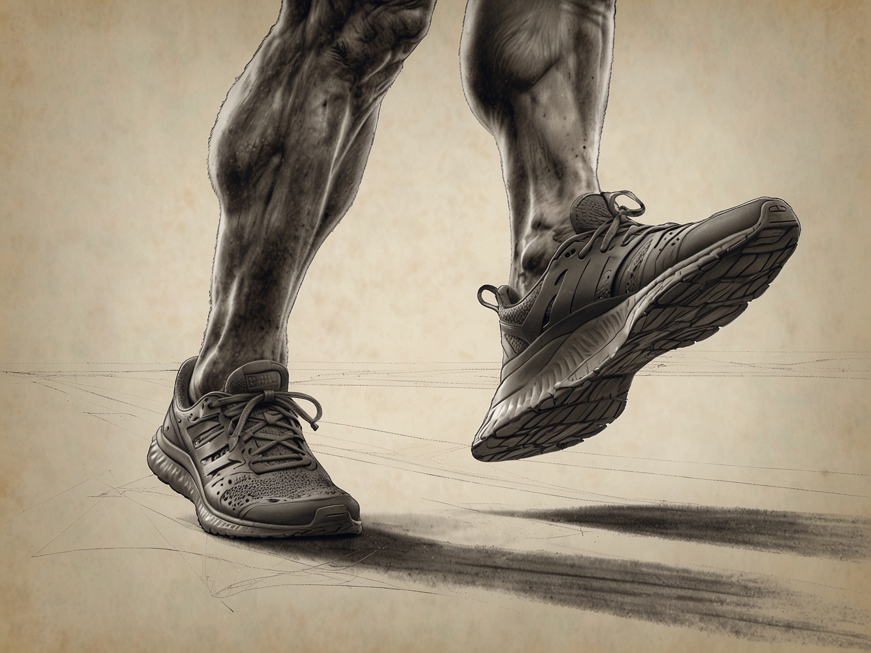 A close-up image of feet mid-stride, demonstrating the concept of optimal stride length with feet landing directly under the body, illustrating improved cadence and reduced joint impact.
