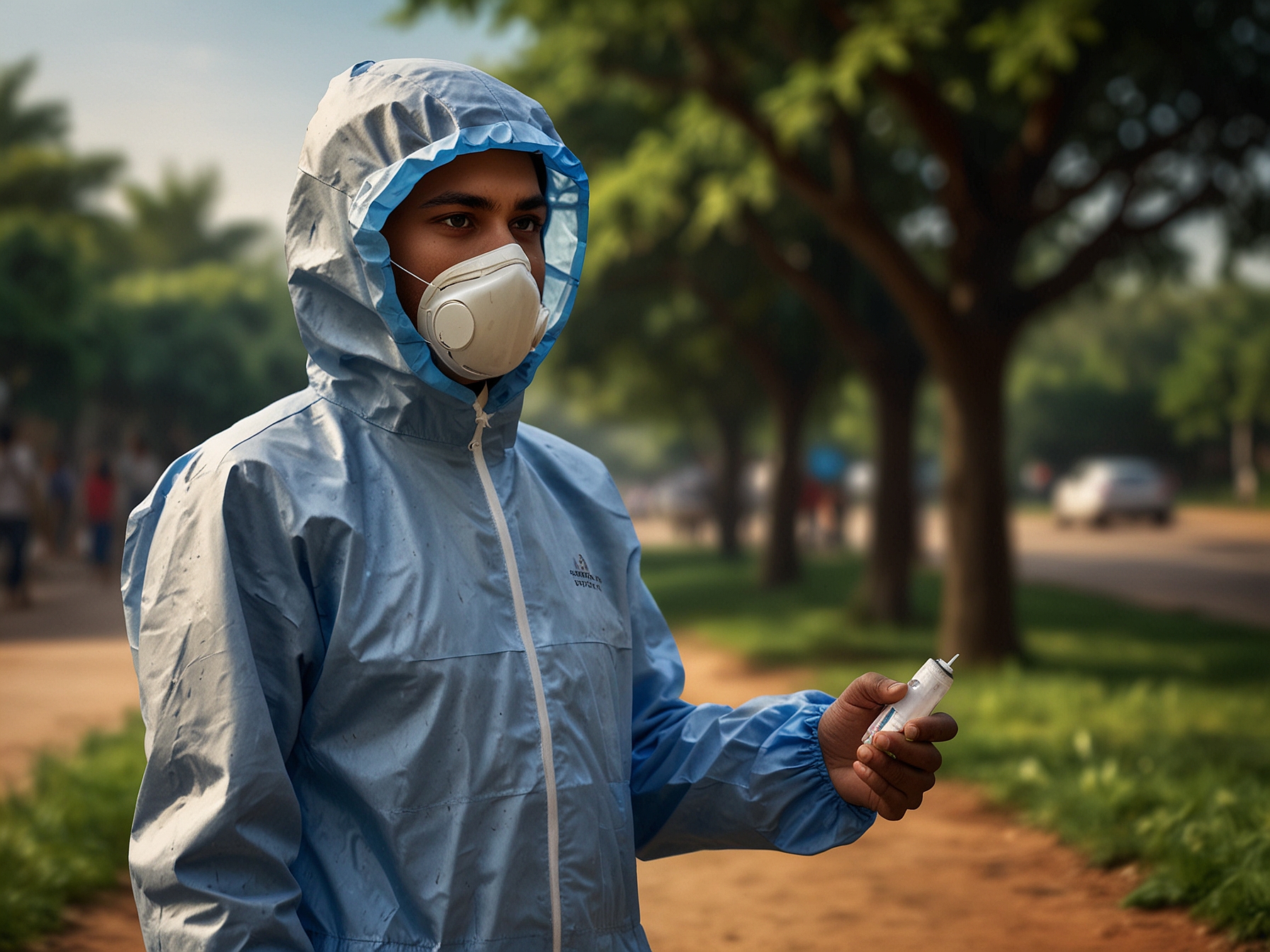 An individual demonstrating the use of mosquito repellent and wearing protective clothing outdoors in Pune. Preventive actions such as these are crucial in controlling the spread of Zika virus.