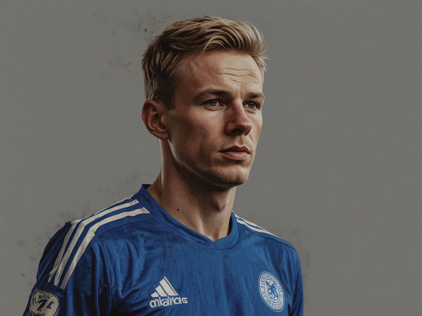 Kiernan Dewsbury-Hall in a Leicester City jersey, showcasing his skills in midfield. His dynamic style and robust performances have made him a standout player in the Premier League.