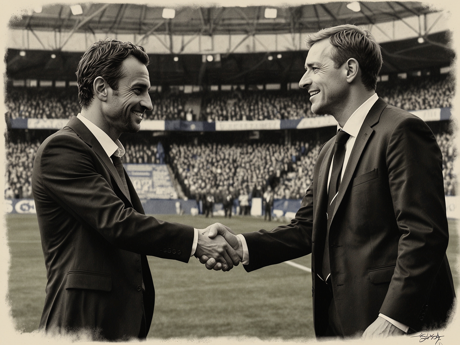 Chelsea's manager Enzo Maresca welcomes Kiernan Dewsbury-Hall with a handshake at Stamford Bridge, symbolizing the player's new journey and potential impact at the club.
