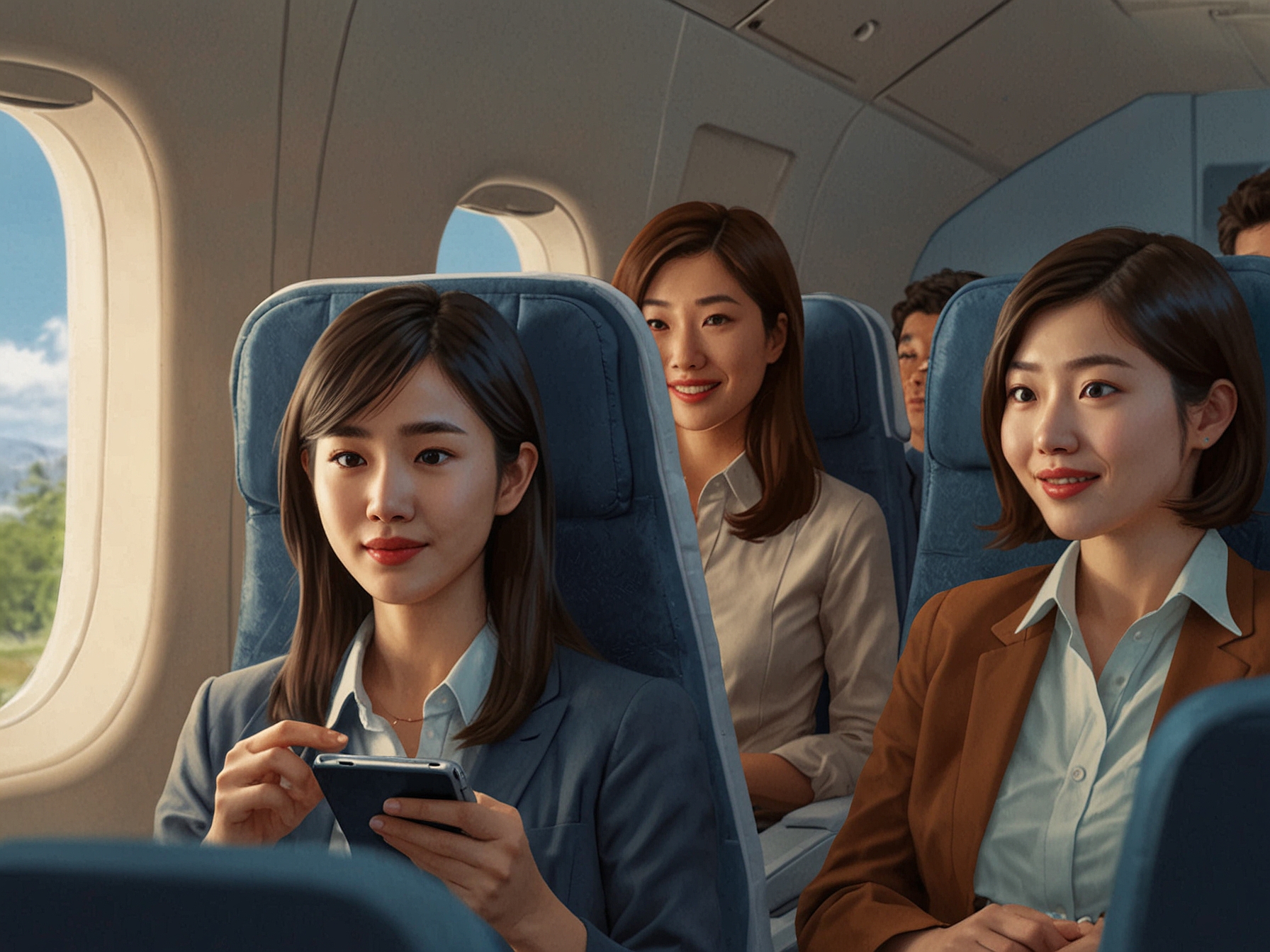 Airline passengers viewing an in-flight video message detailing acceptable behavior and consequences for harassment, part of the communication strategy by JAL and ANA.