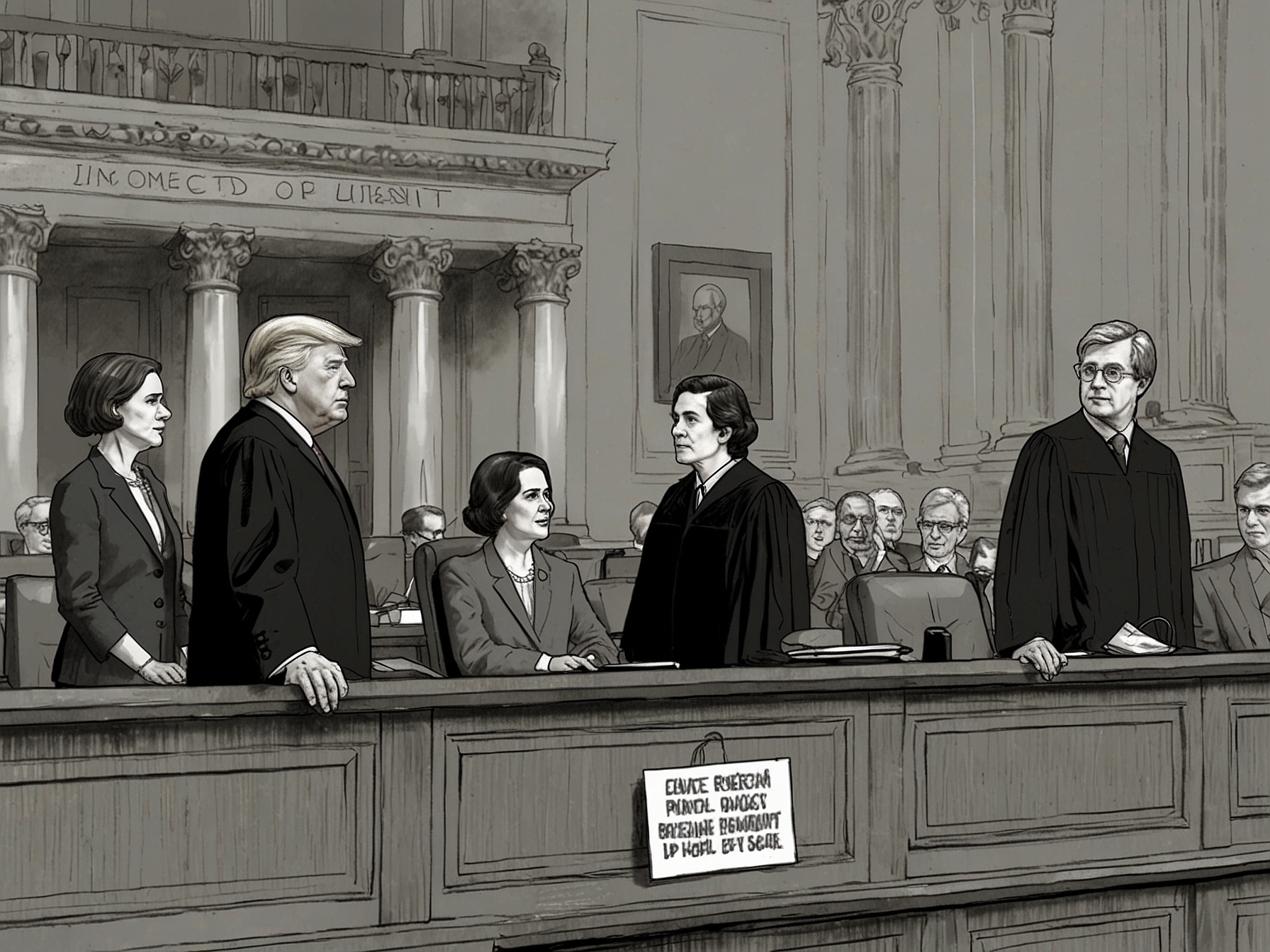 A courtroom scene illustrating the Supreme Court justices delivering their decision on Trump's immunity, signifying a critical advancement in the election interference case.