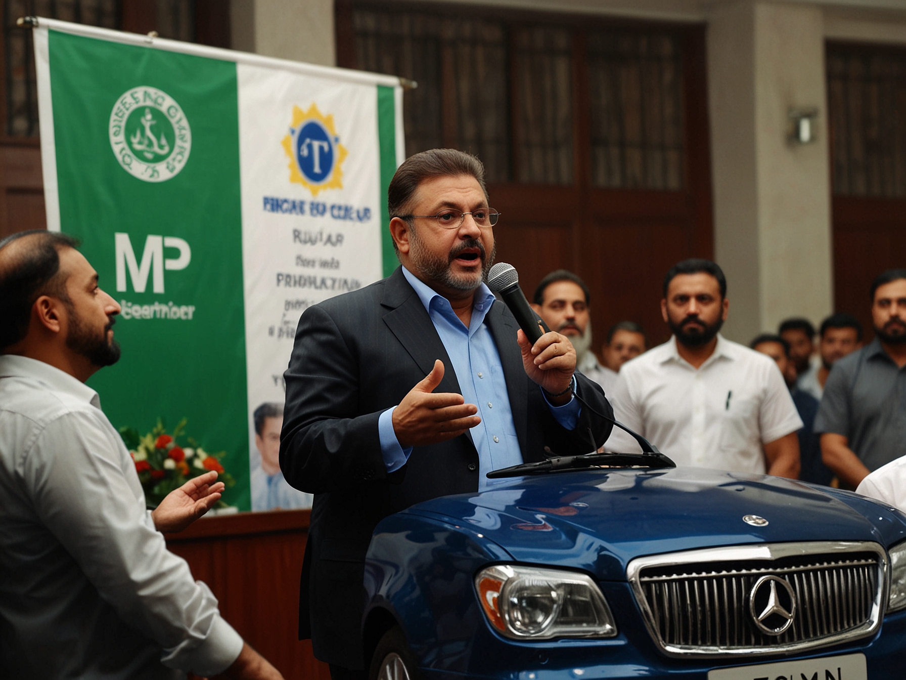 Image showing Minister Sharjeel Inam Memon addressing the attendees at the Sindh premium number plate auction, emphasizing the noble cause behind the event.