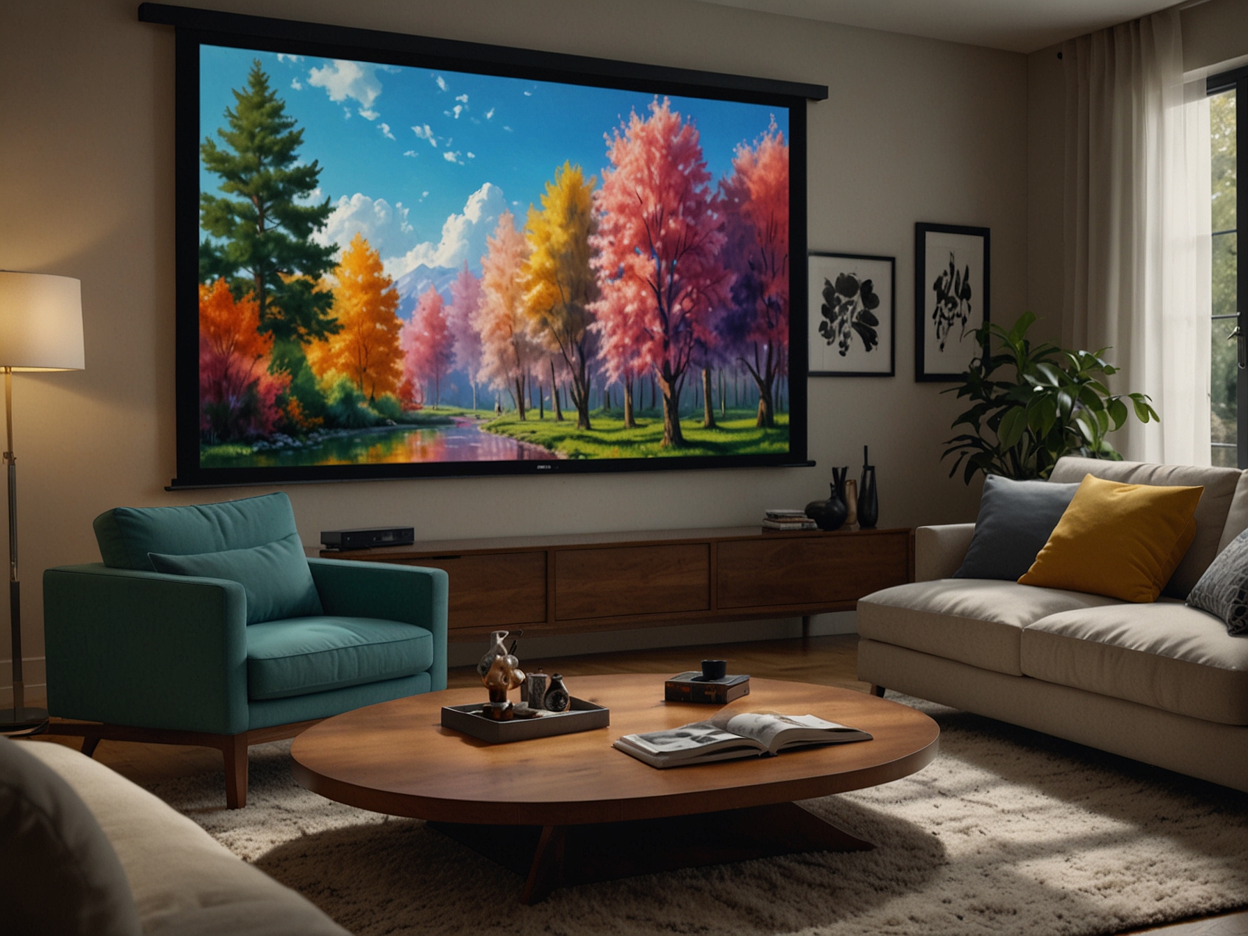 An image showing the Epson LS11000 projector in use, displaying vibrant 4K visuals in a well-lit living room to demonstrate its superior brightness and HDR capabilities.