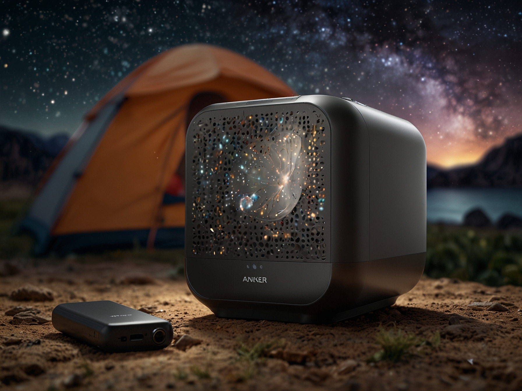 A compact Anker Nebula Capsule II projector is showcased, projecting a bright HD movie onto a screen during an outdoor camping trip, emphasizing its portability and robust battery life.
