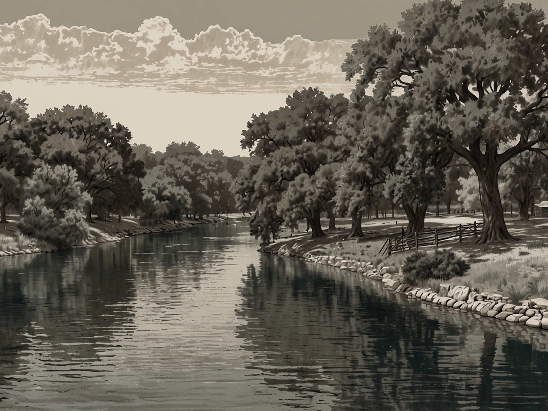 A scenic view of the San Marcos River, showcasing the natural beauty of the city which serves as the backdrop for the Texas Pecan Growers Association's annual event.