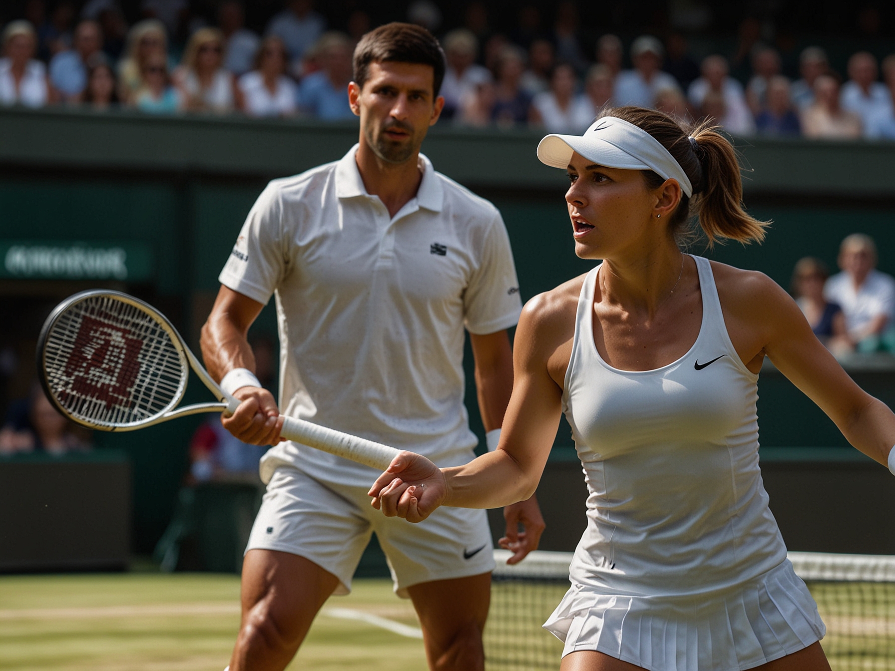 Novak Djokovic and Iga Swiatek focused and in action on the Wimbledon courts, illustrating their dominance and competitive spirit on Day Two of the prestigious tournament.