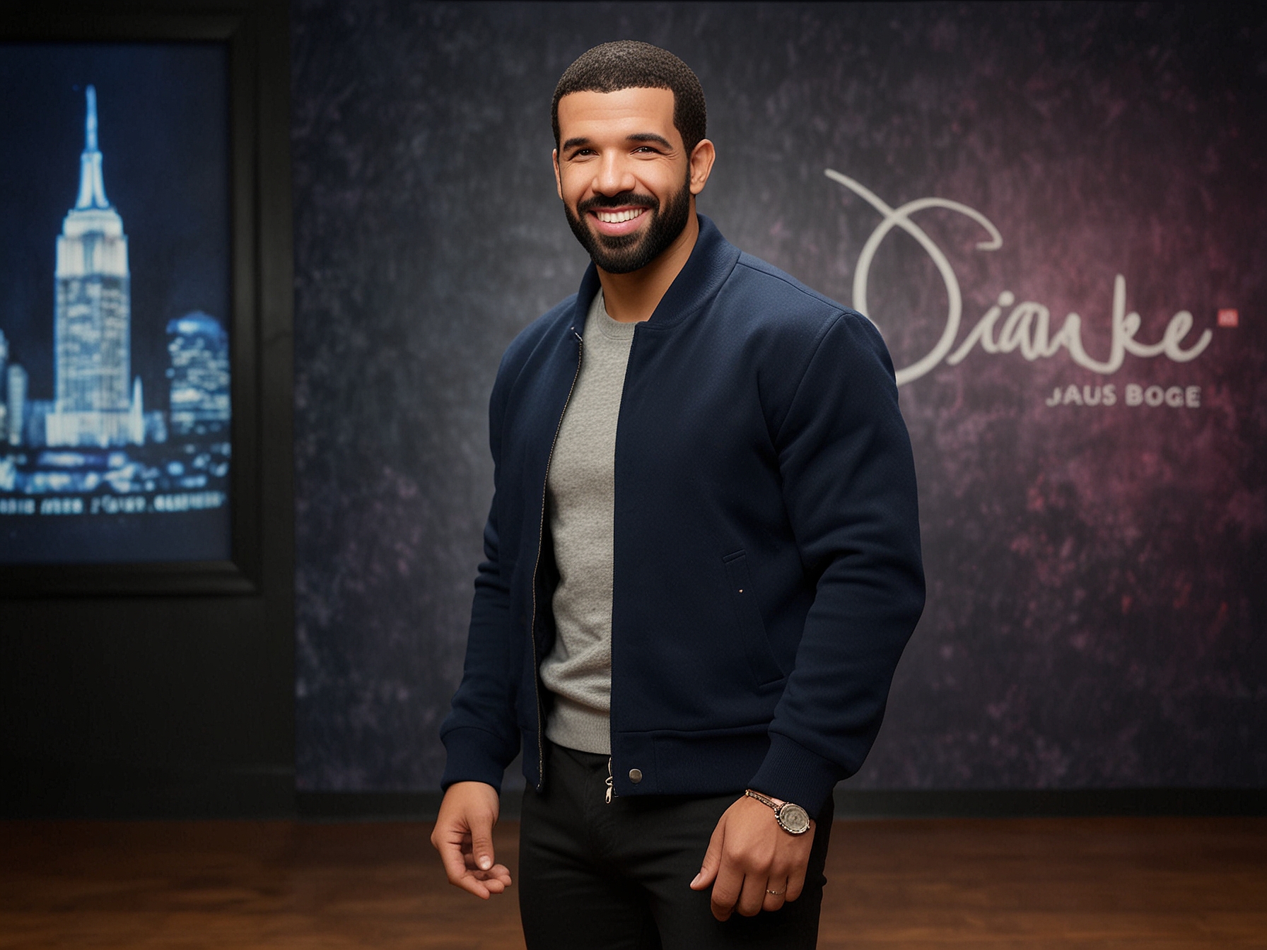 The newly unveiled Drake wax figure at Madame Tussauds New York, capturing his iconic pose and signature look. Fans eagerly pose for selfies and share their excitement online.