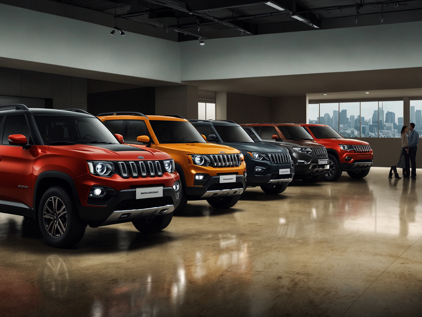 A lineup of Mahindra's popular models, including the Mahindra Thar, XUV300, and XUV700, displayed at a showroom, highlighting the company's successful vehicle range.