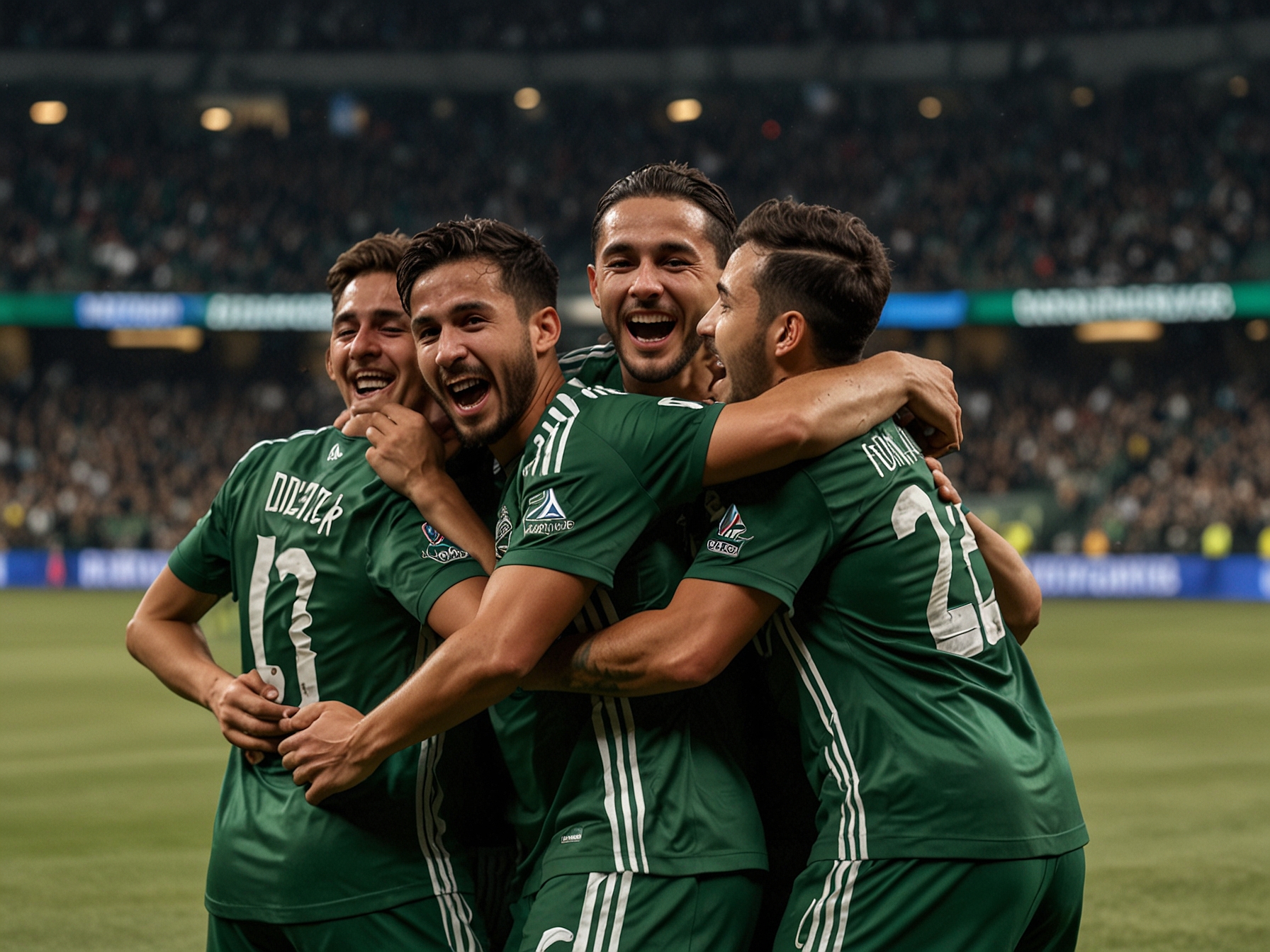 Jonathan Rodriguez of Portland Timbers celebrates with teammates after scoring the last-minute winning goal against Minnesota United, capturing the team's jubilant moment at Providence Park.