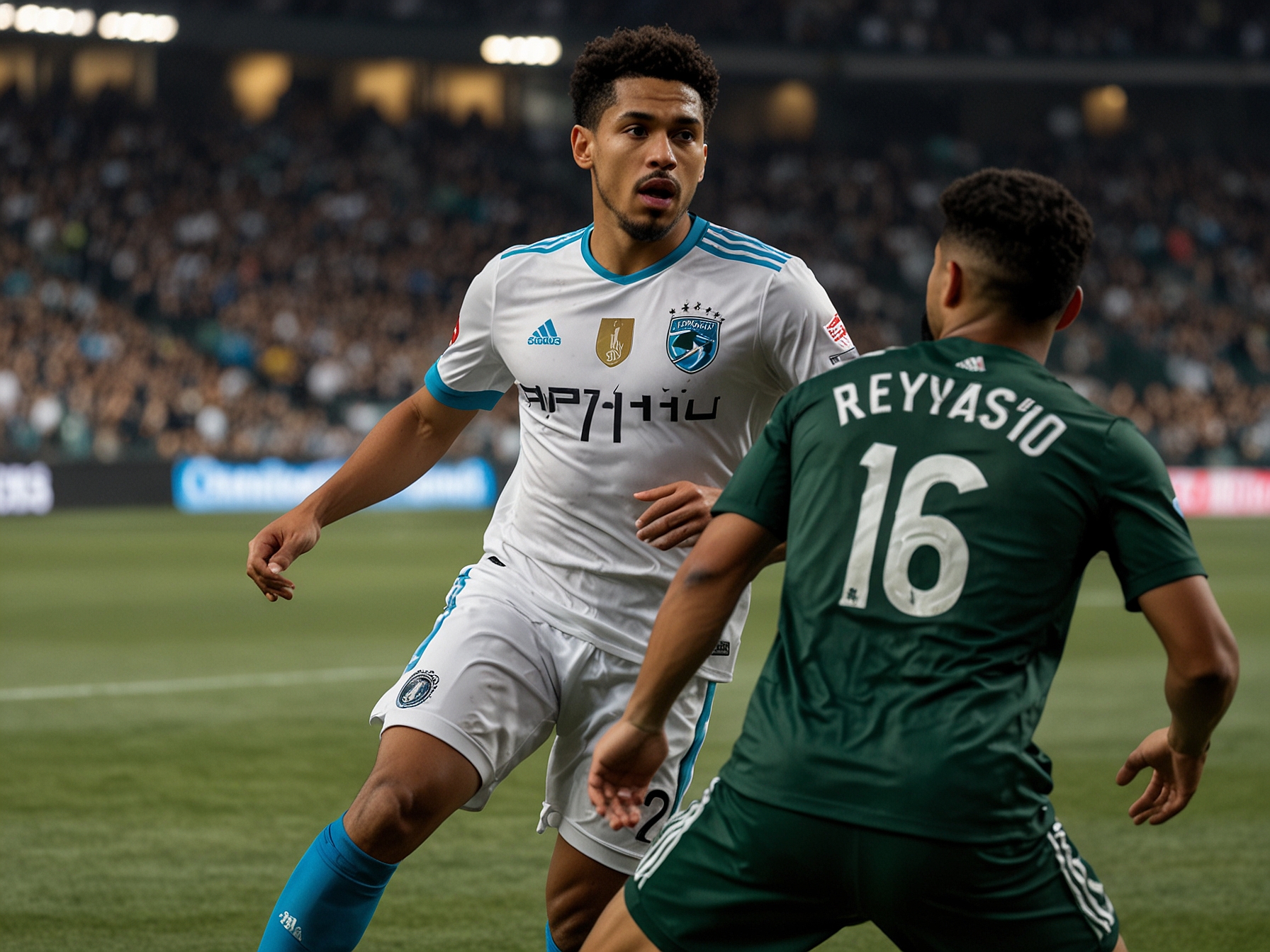 A tense moment in the match as Minnesota United's Emanuel Reynoso maneuvers past Portland Timbers defenders, illustrating the intense and competitive nature of the soccer game.